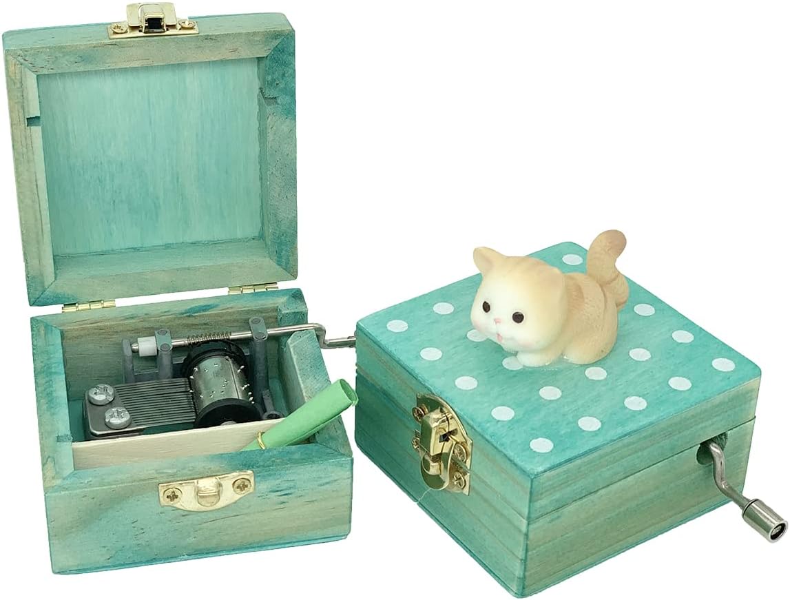 Mini Wooden Hand Crank Music Box with Cute Cat