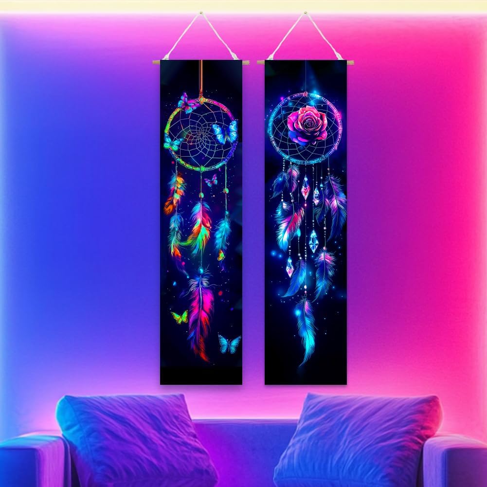 ACRNIGHEET UV Reactive Blacklight Dream Catcher Tapestry Wall Decor