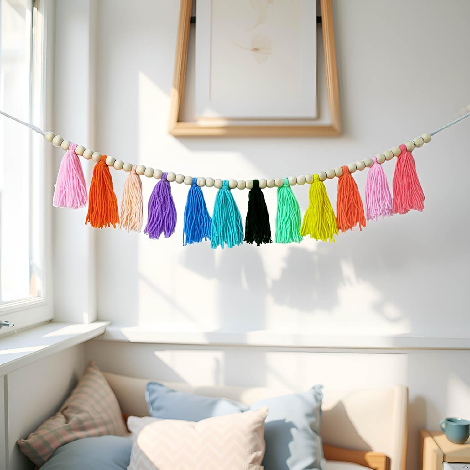 Boho Hanmade Wood Beads Garland with Tassels and Hooks