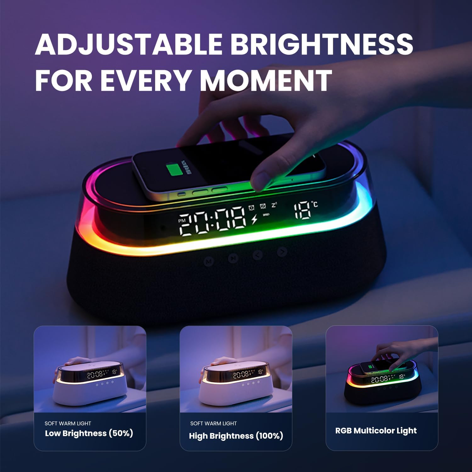 6 in 1 Alarm Clock with Wireless Charging and Night Light