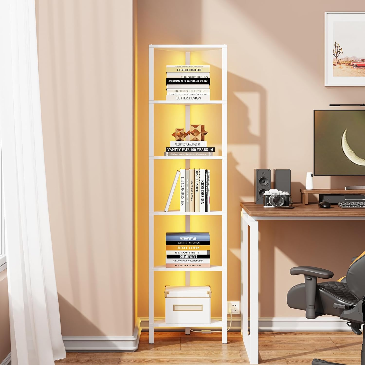 TUTOTAK 6-Tier Corner Bookshelf with LED Light