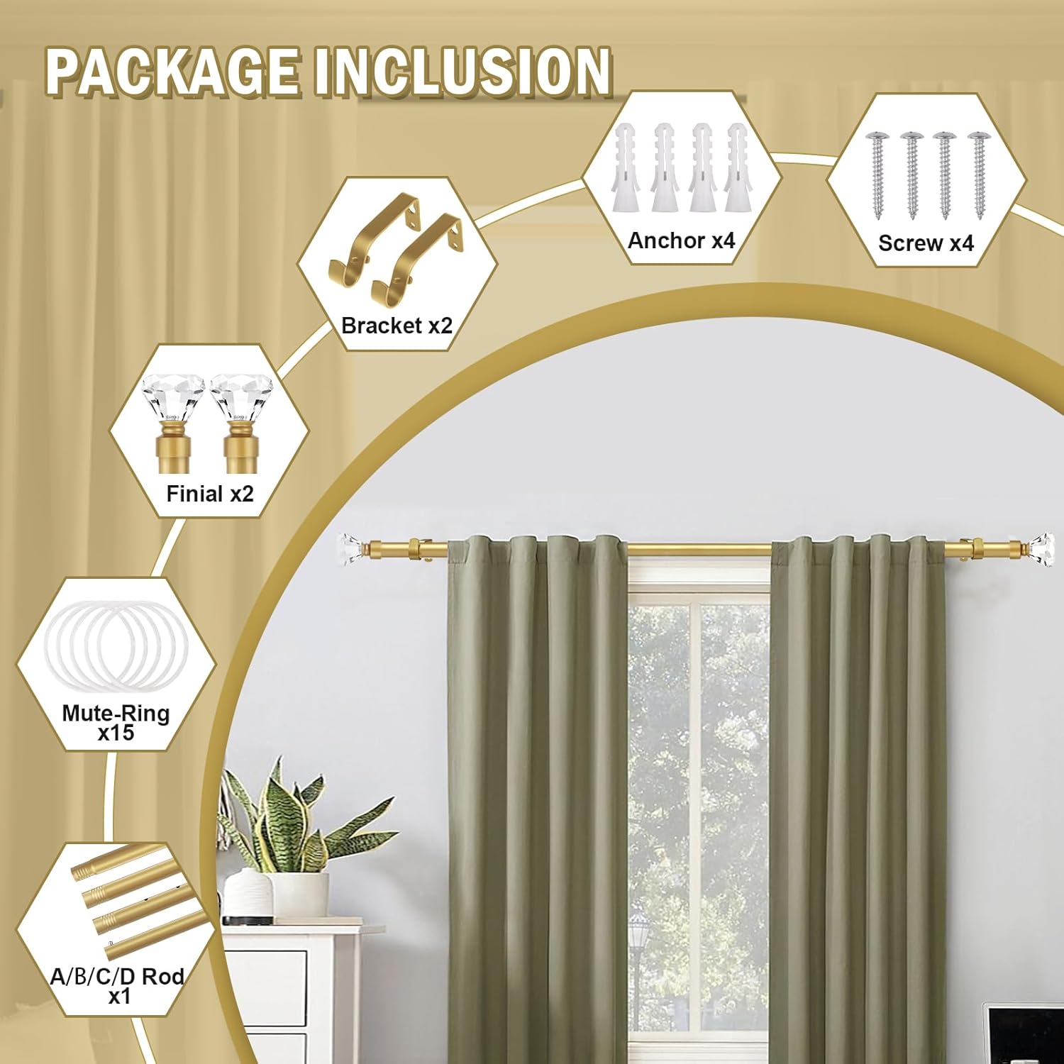 Orger Diamond Curtain Rods 30-54 Inches Gold with Crystal Finials 2 Pack