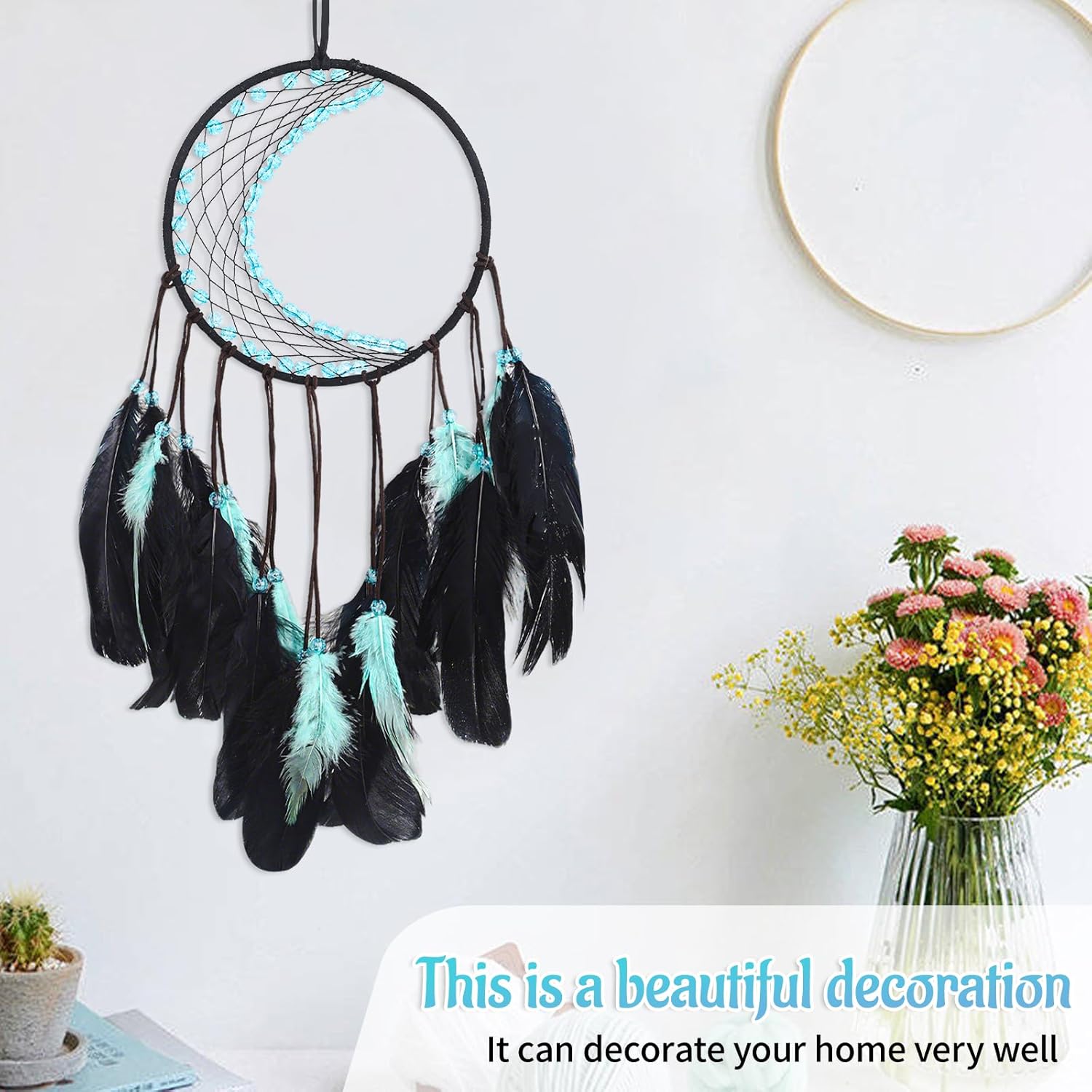 Dream Catcher with Moon Mesh and Turquoise Feathers