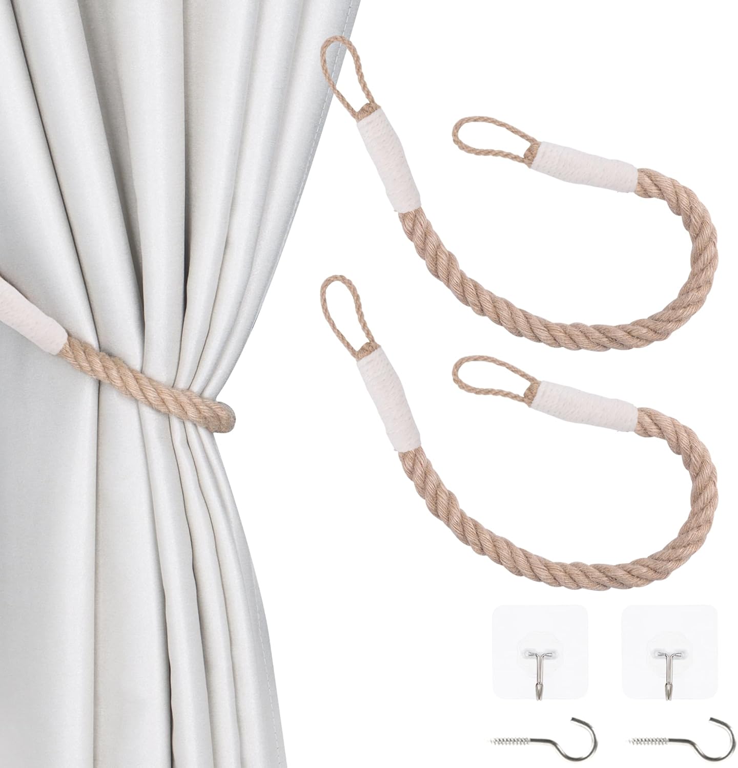 OCIOLI 2 Piece Beige Curtain Tiebacks with Hemp Rope