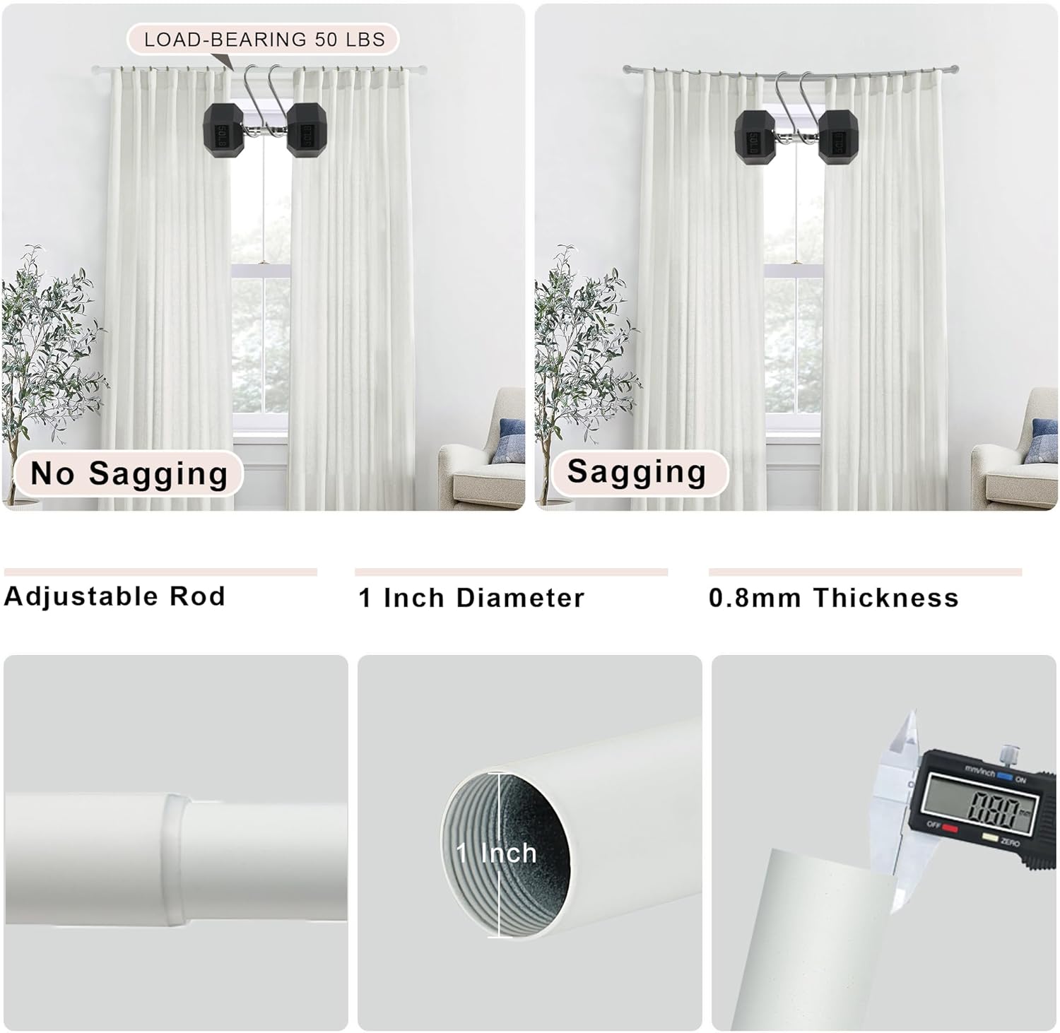 Matte White Curtain Rods 28-48 Inches Single Rod