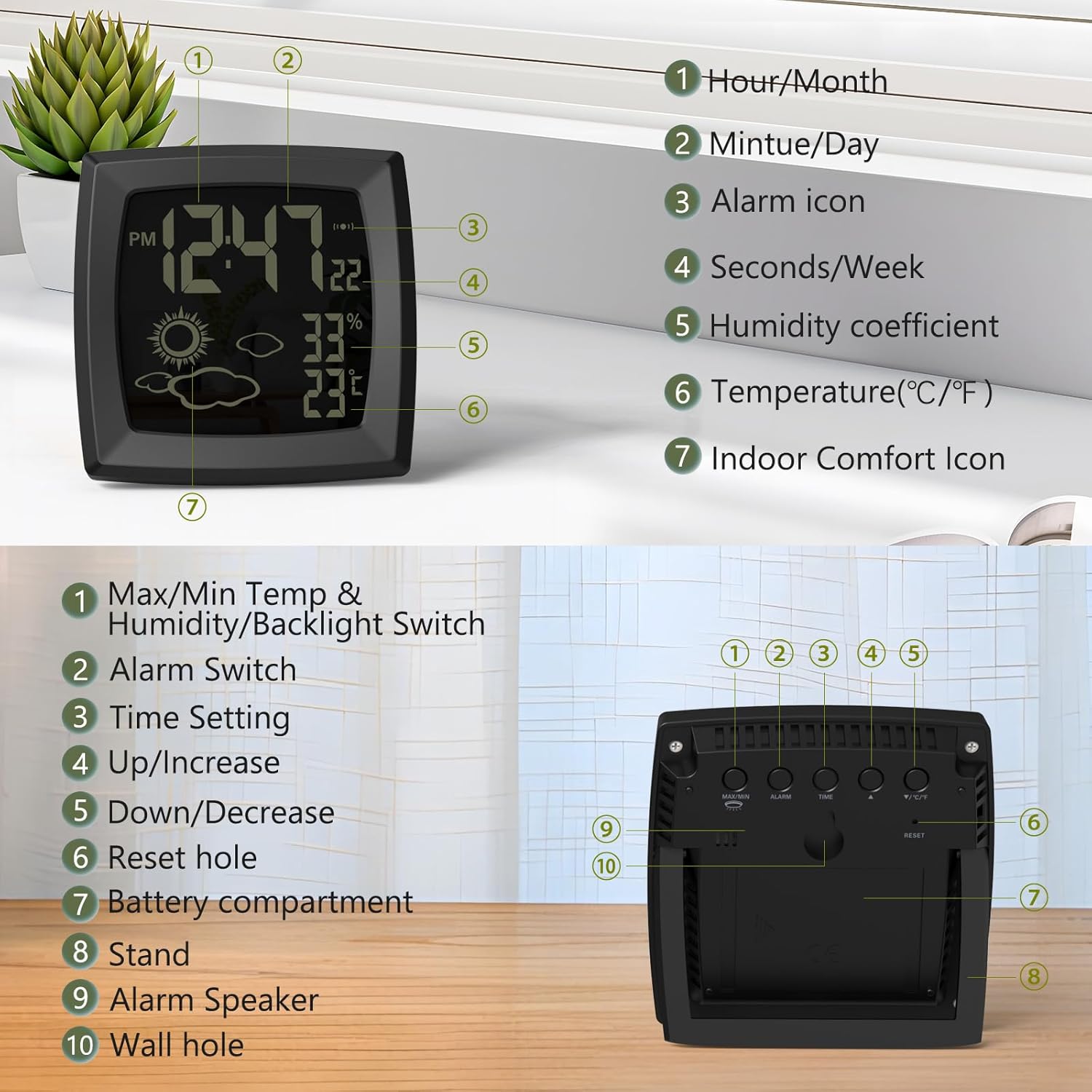 VOILEIPAGI Auto Backlight Digital Alarm Clock with Temperature Humidity