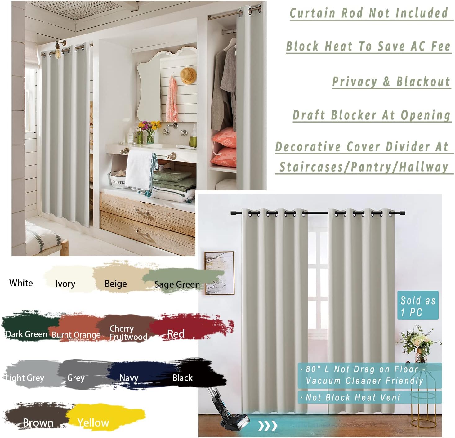 XTMYI Ivory Blackout Doorway Curtain 80 Inches Long
