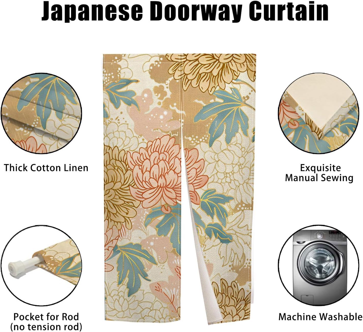 Boho Style Noren Japanese Door Curtain Panel with Flowers