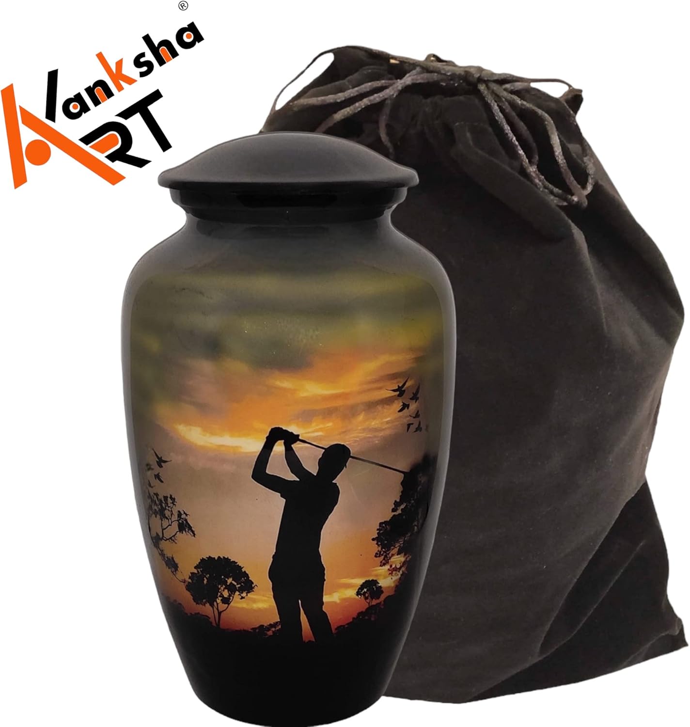 Cremation Urn with Golf Design Velvet Bag