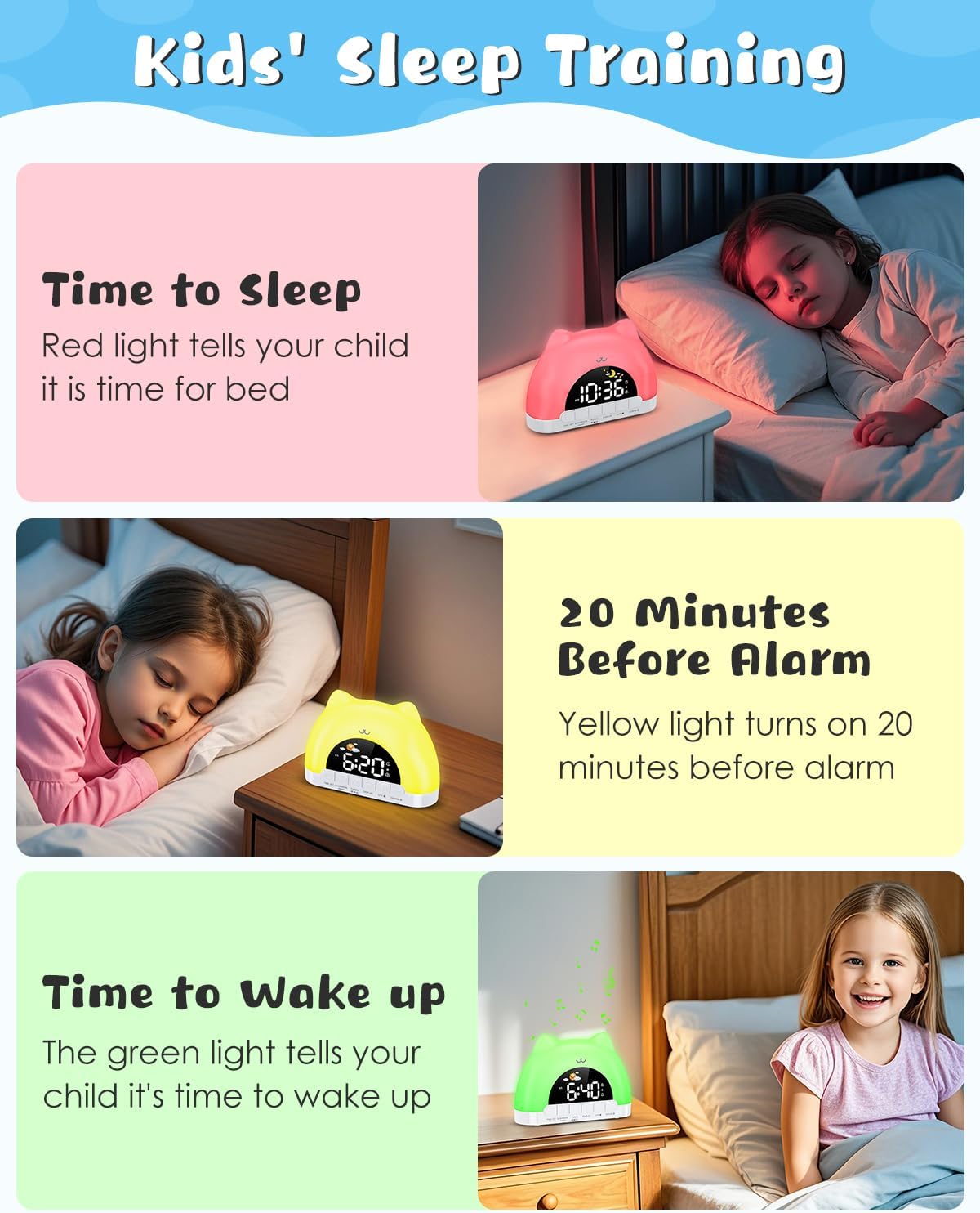 Kids Alarm Clock with Cat Design and Night Light