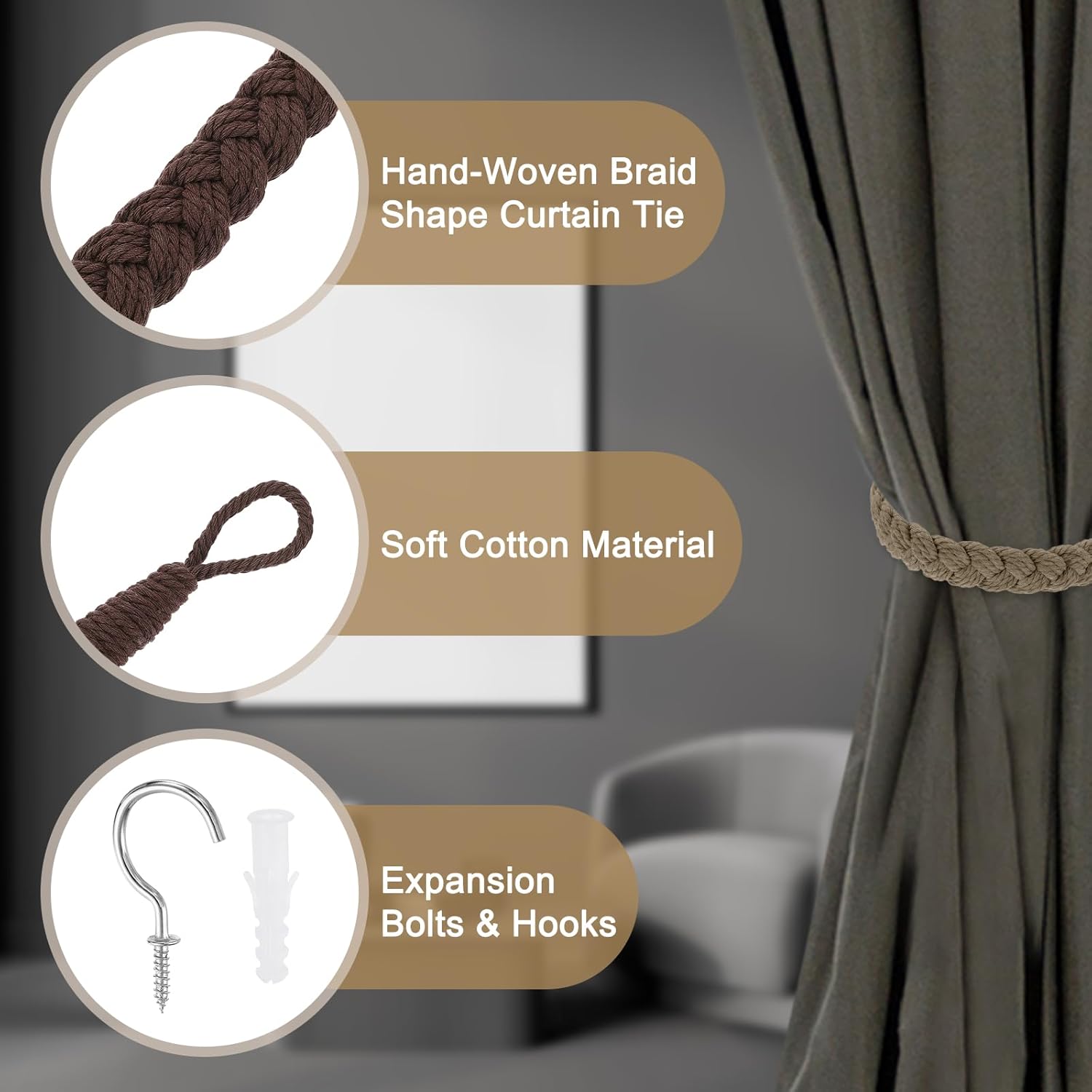 Uxcell 2Pcs Dark Brown Cotton Rope Curtain Tiebacks