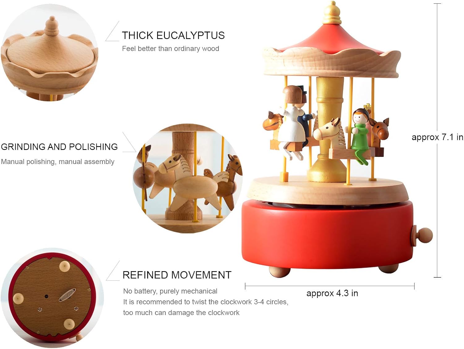 LilYXIN Carousel Music Box Red Wooden Horse Shape Musical Figurine