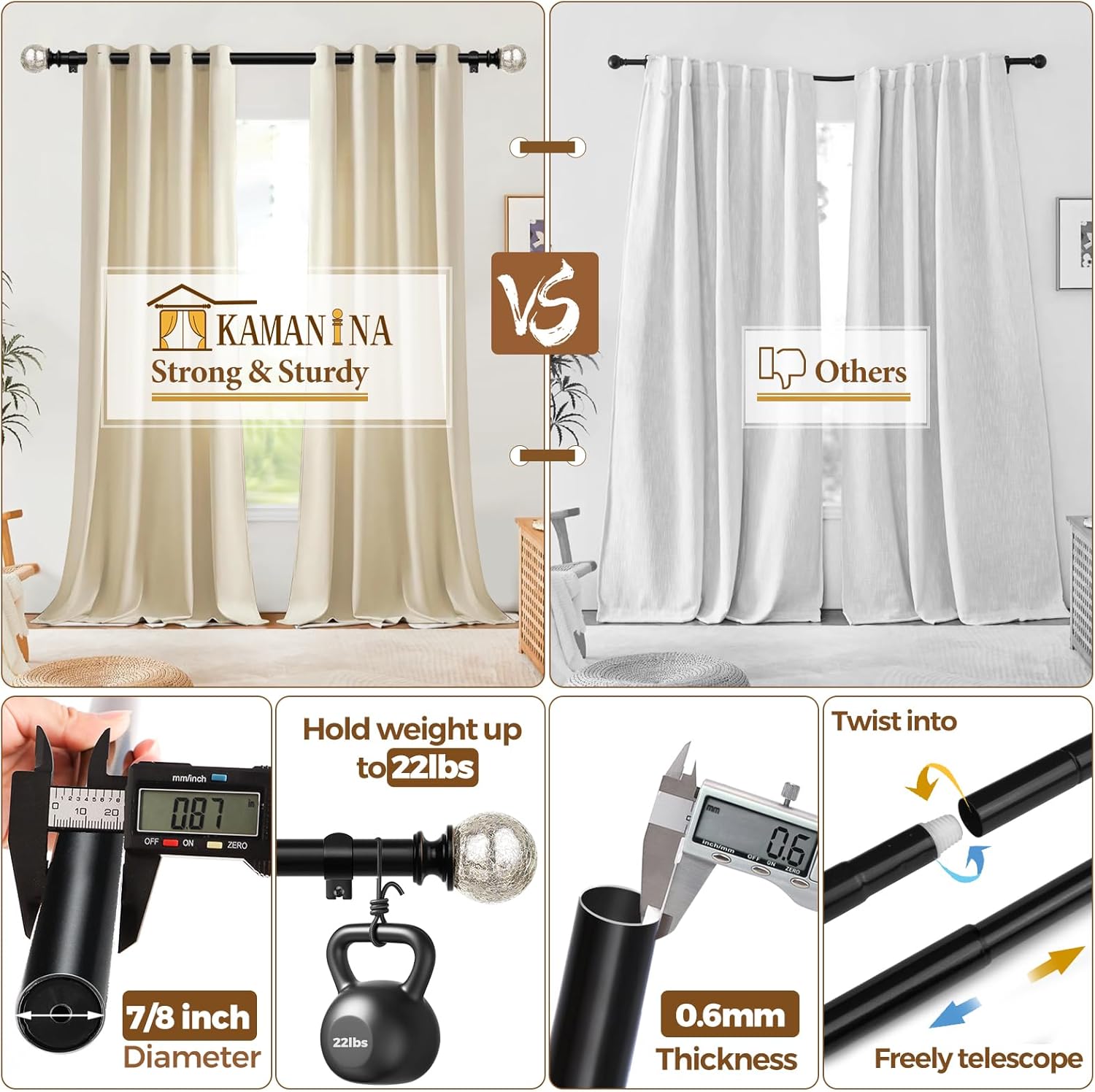 KAMANINA Adjustable Curtain Rod 32-58 Inches Black with Crackle Glass Finials