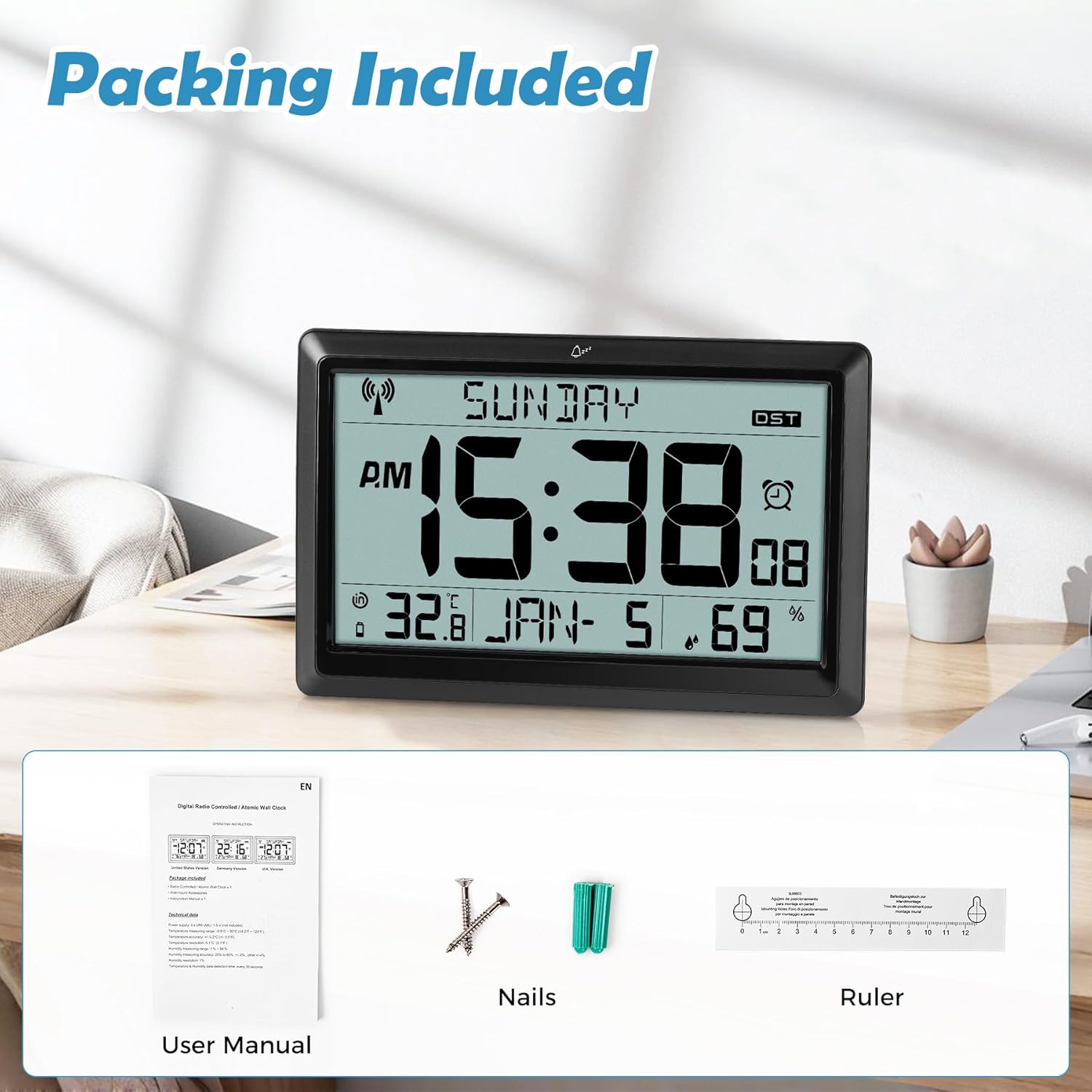 SZELAM Atomic Clock Black Large Display Wall Clock