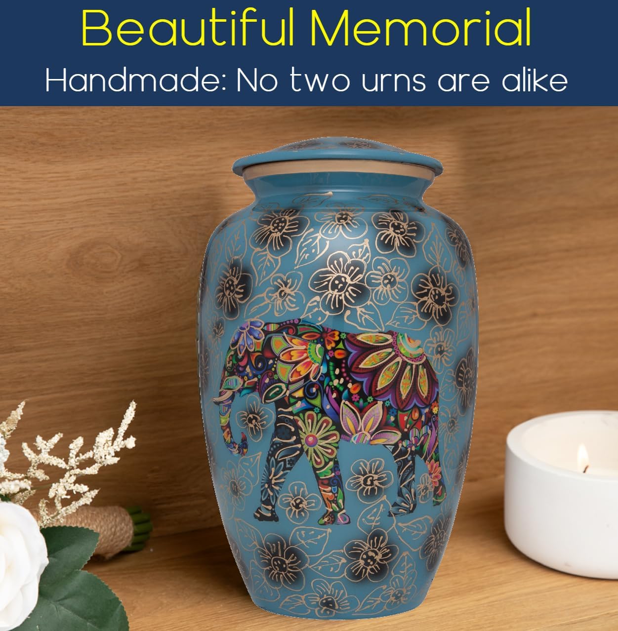 Blue Elephant Cremation Urn - Floral Indian Design