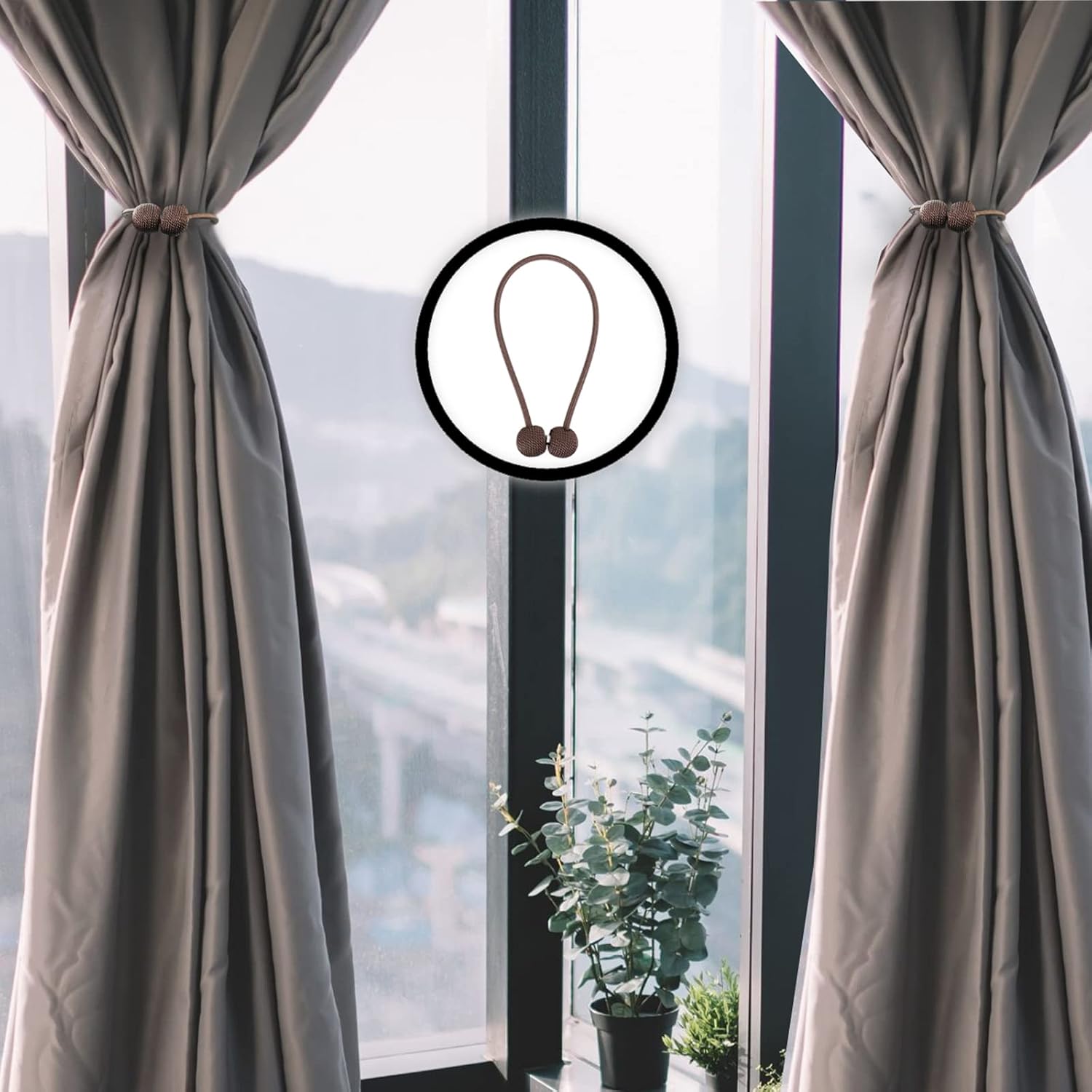 2 PCS Magnetic Curtain Holdbacks with Woven Rope - Brown