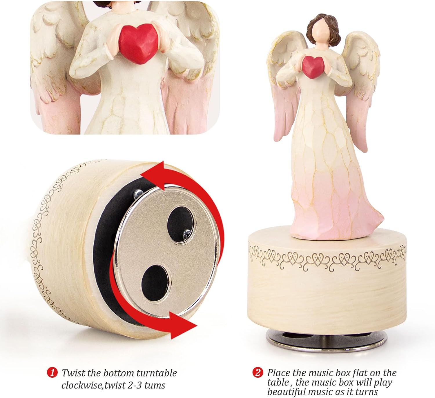 Angel Music Box - Hand-Painted Resin Figurine with Heart