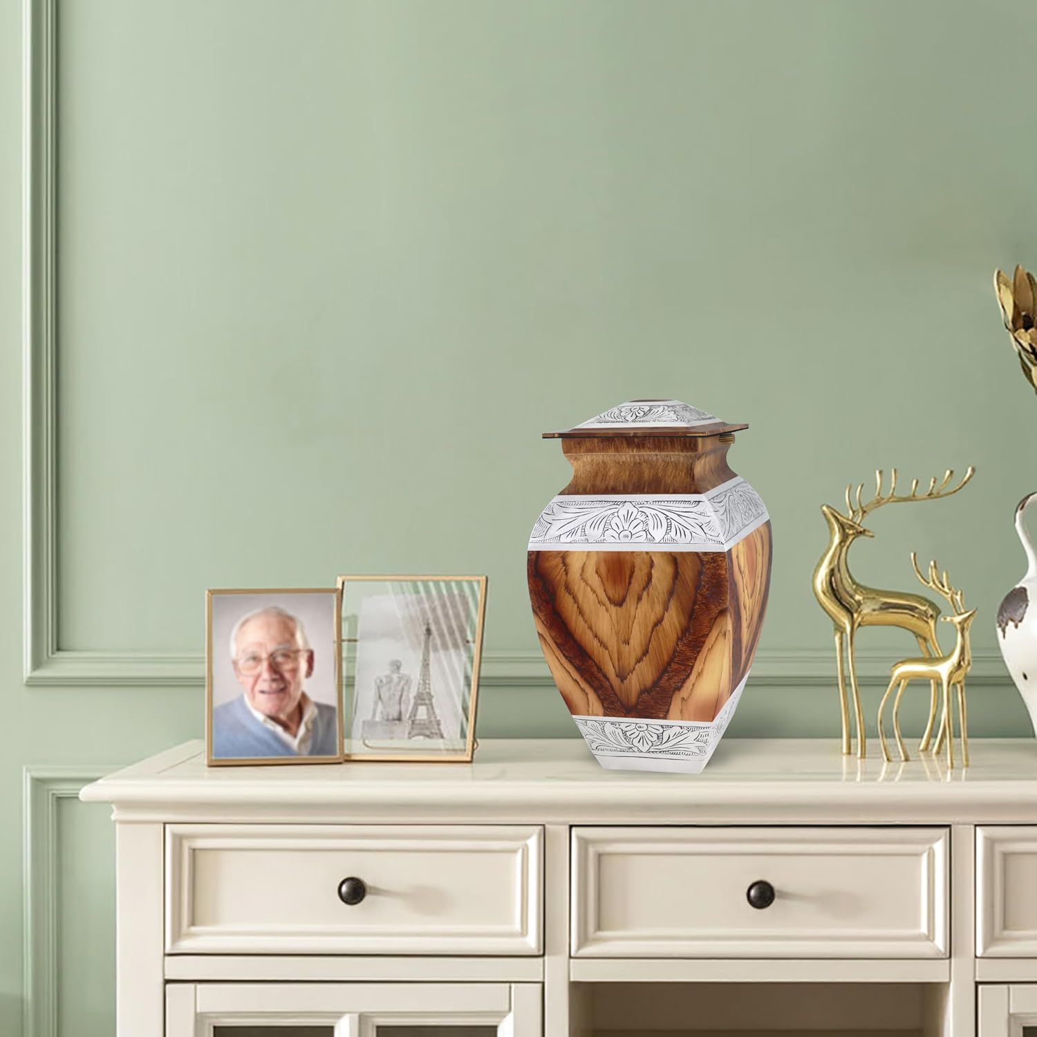 Naniurn Elegant Cremation Urn with Brown Wood Texture and Silver Engraving