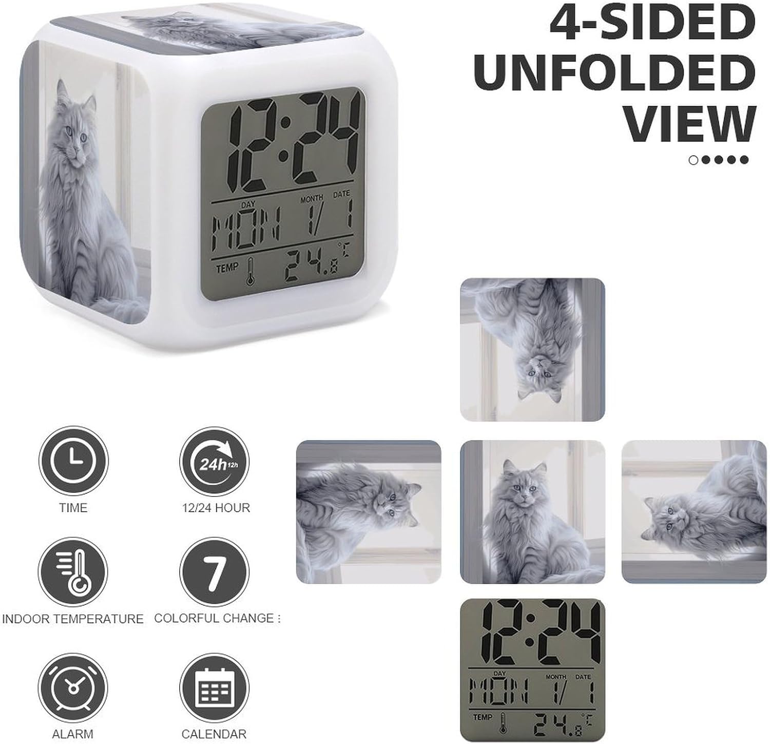 Small Digital Long Haired Cat Alarm Clock with LED Display