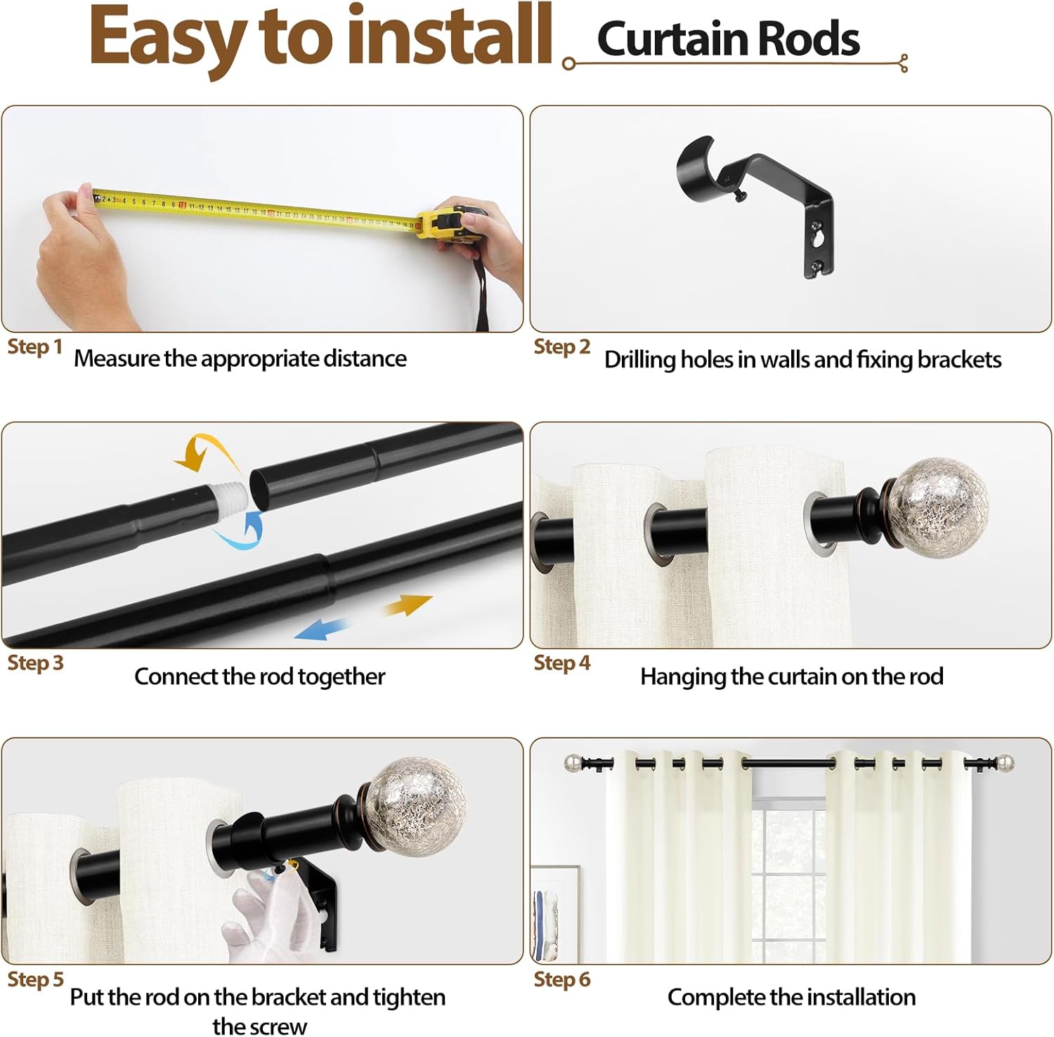 KAMANINA Adjustable Curtain Rod 32-58 Inches Black with Crackle Glass Finials