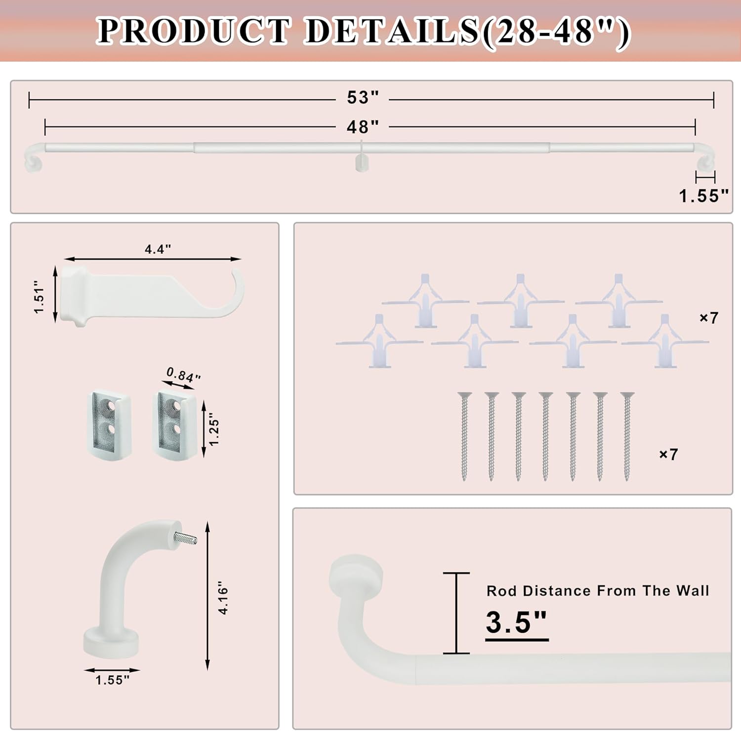 Matte White Curtain Rods 28-48 Inches Single Rod