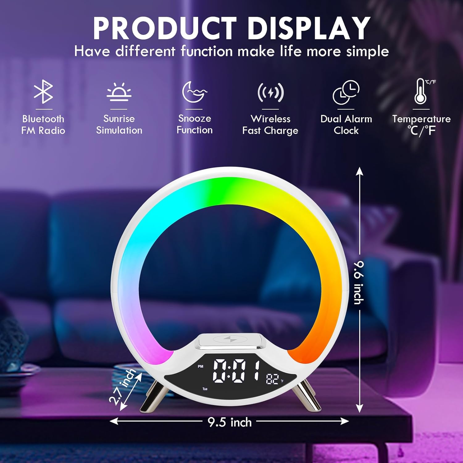 Sunrise Alarm Clock with Wireless Charging and Bluetooth