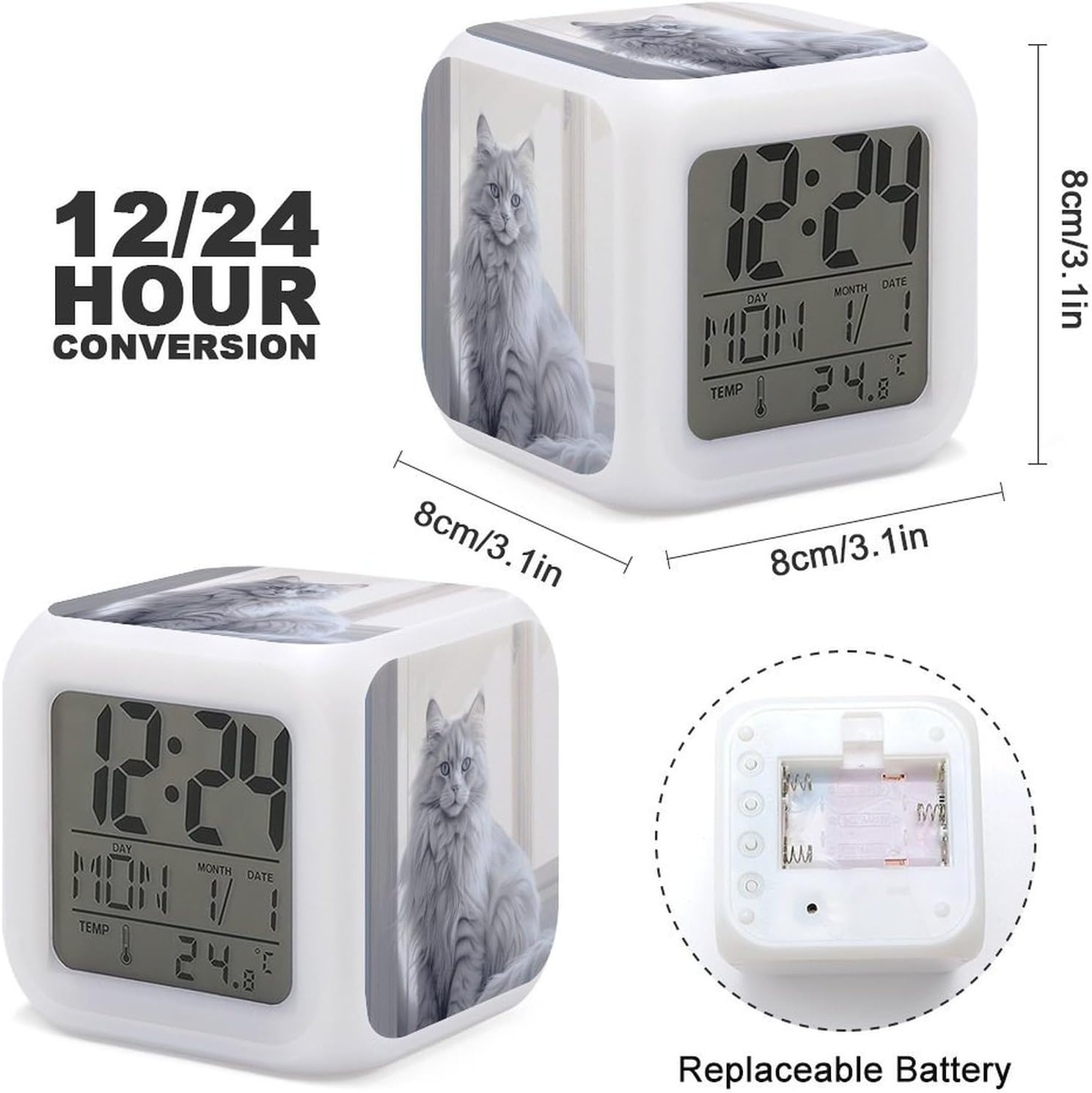 Small Digital Long Haired Cat Alarm Clock with LED Display