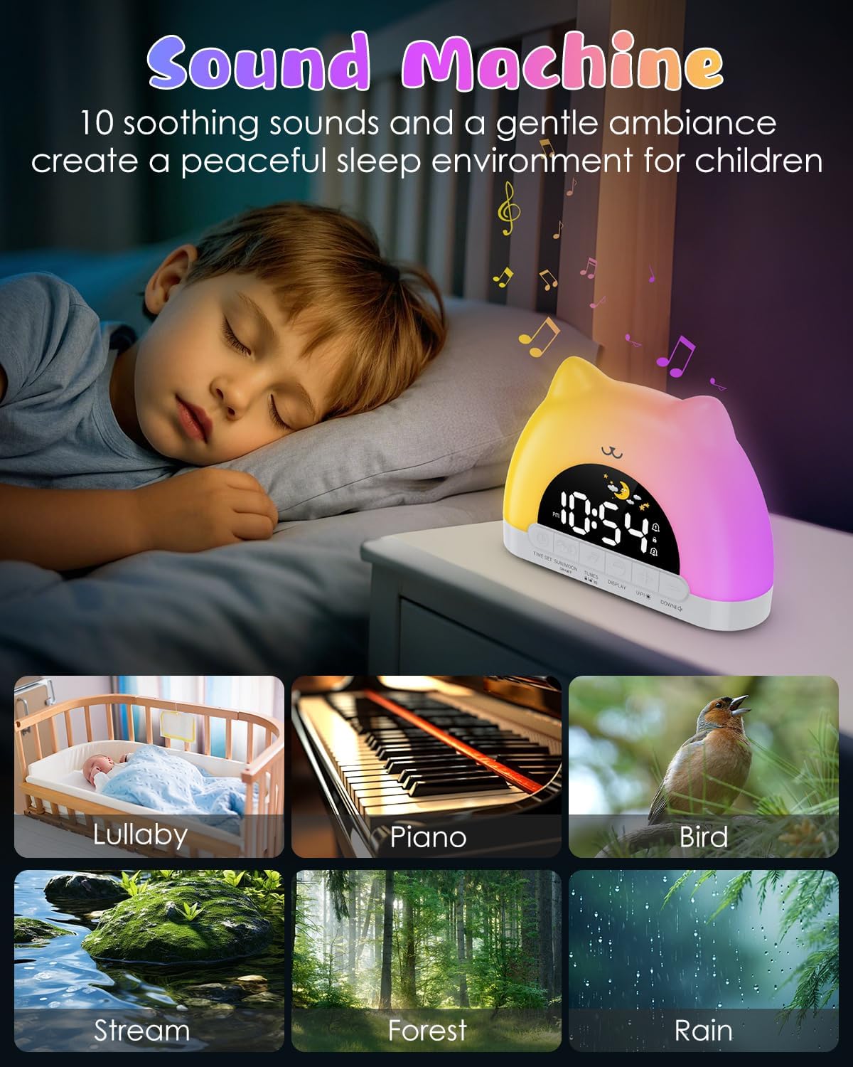 Kids Alarm Clock with Cat Design and Night Light