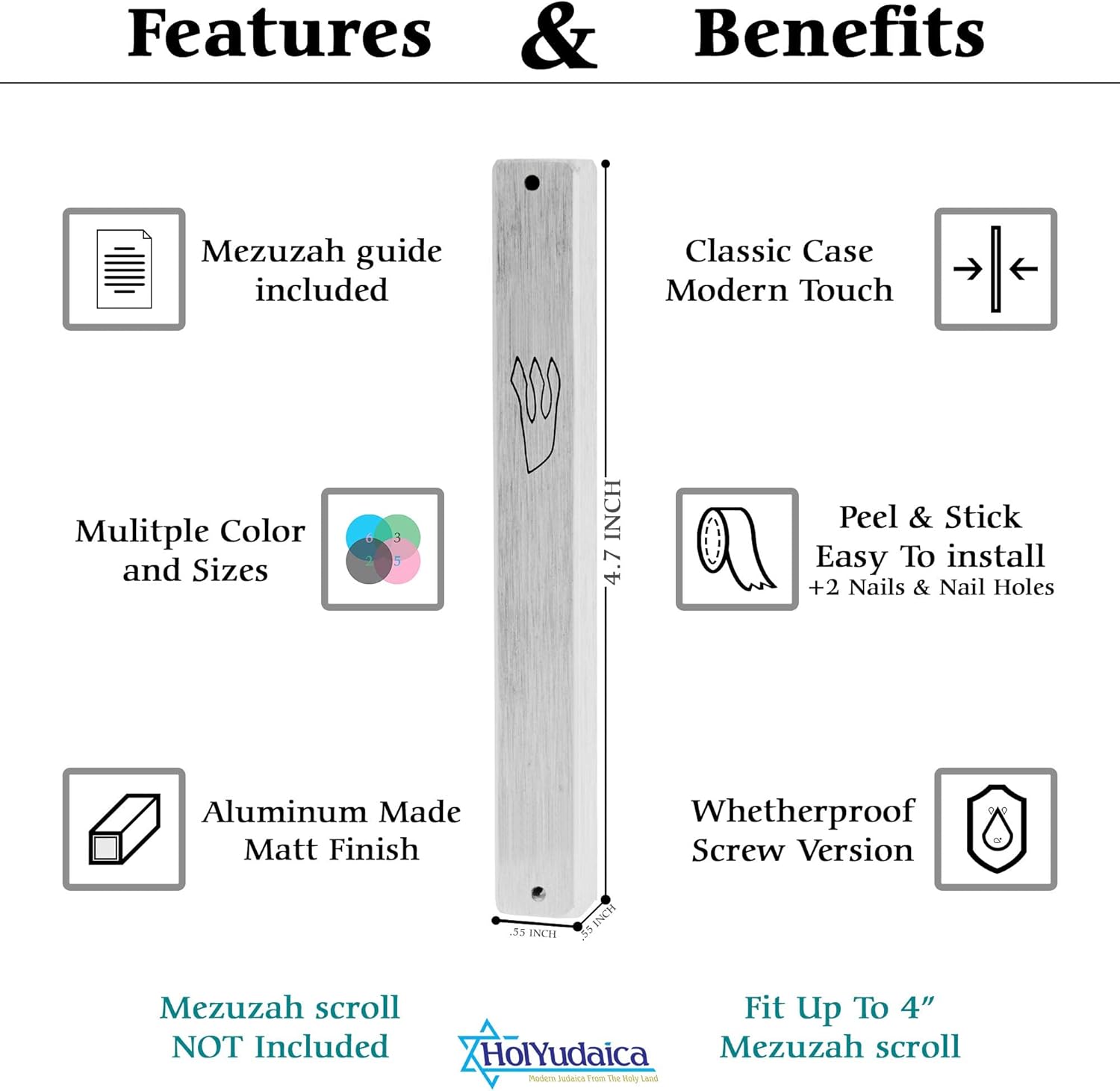 3-Pack Classic Aluminum Mezuzah Case with Nail