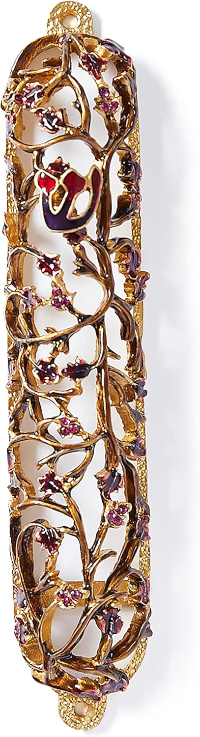 Grapes on Vine Mezuzah Case 6 Inches Gold Red