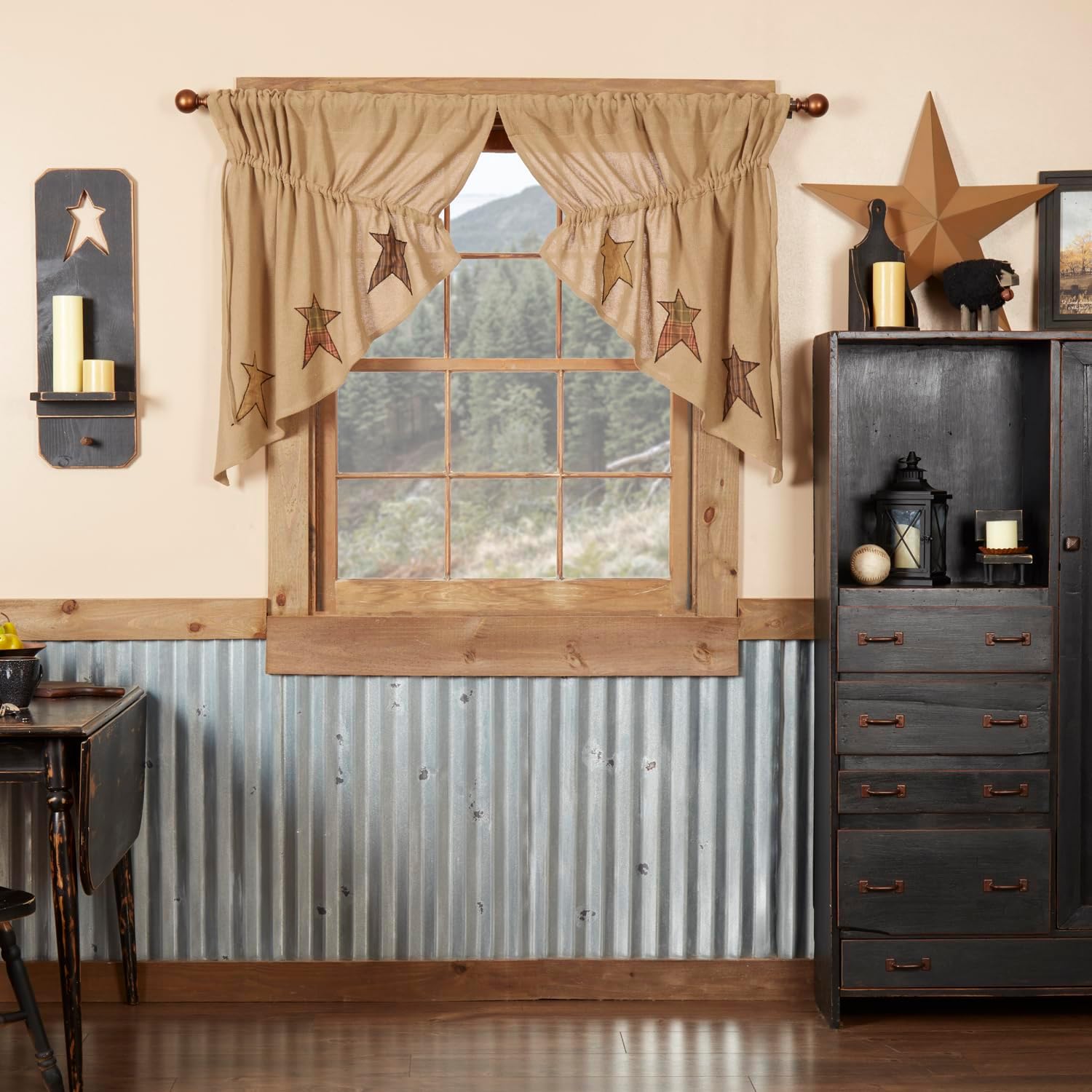 Stratton Primitive Burlap Prairie Swag Curtains Pair Tan