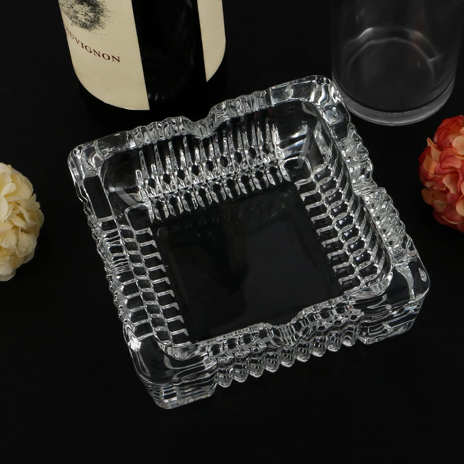 Square Crystal Ashtray with 4 Cigar Grooves
