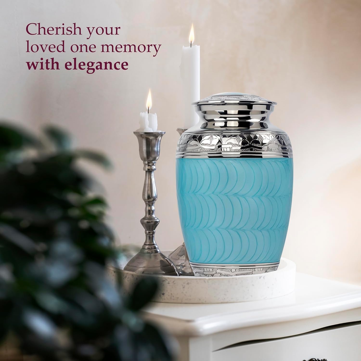 Trupoint Memorials Large Light Blue Cremation Urn with Silver Lining