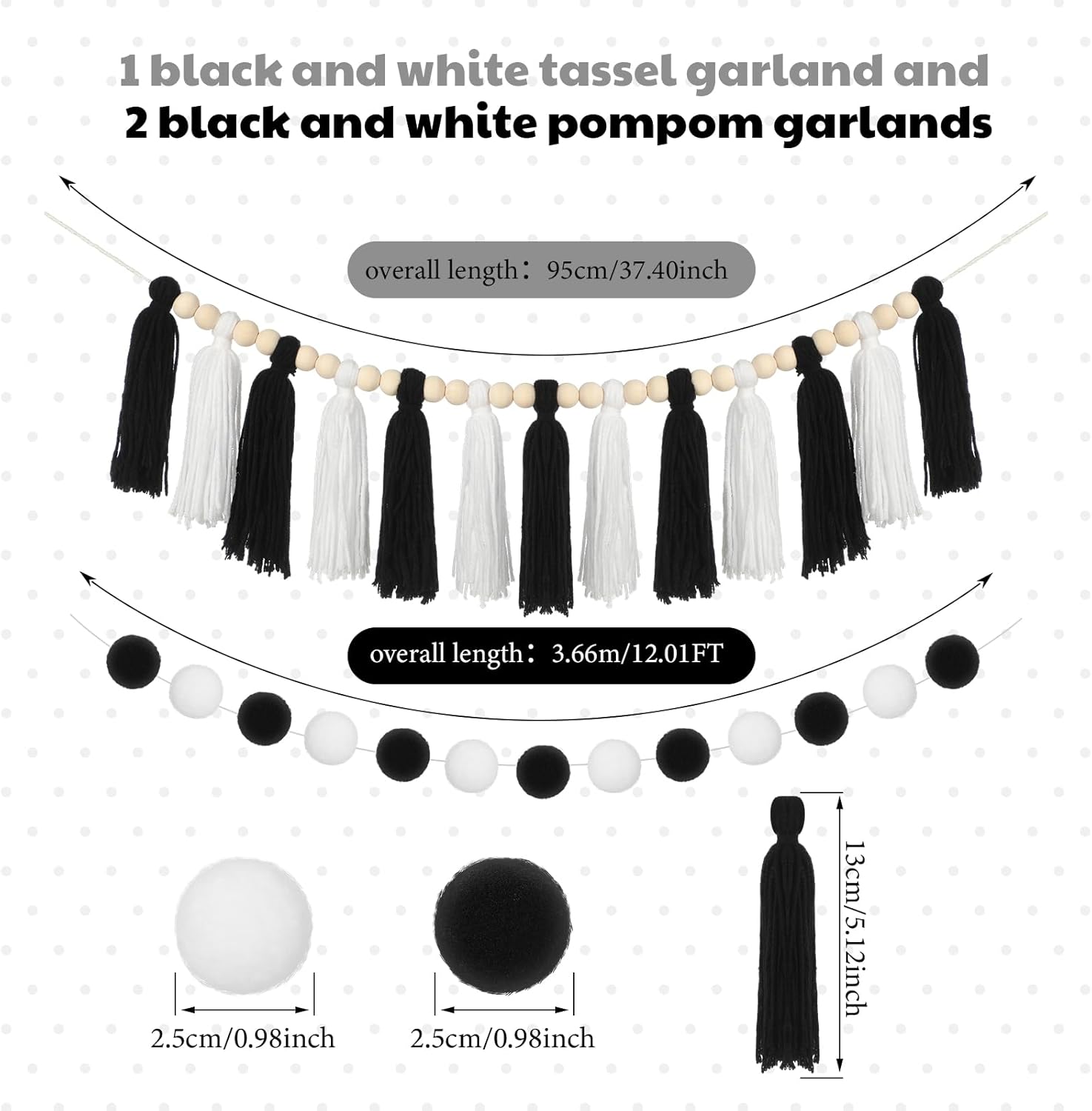 3 Pcs Black and White Tassel Garland Decor