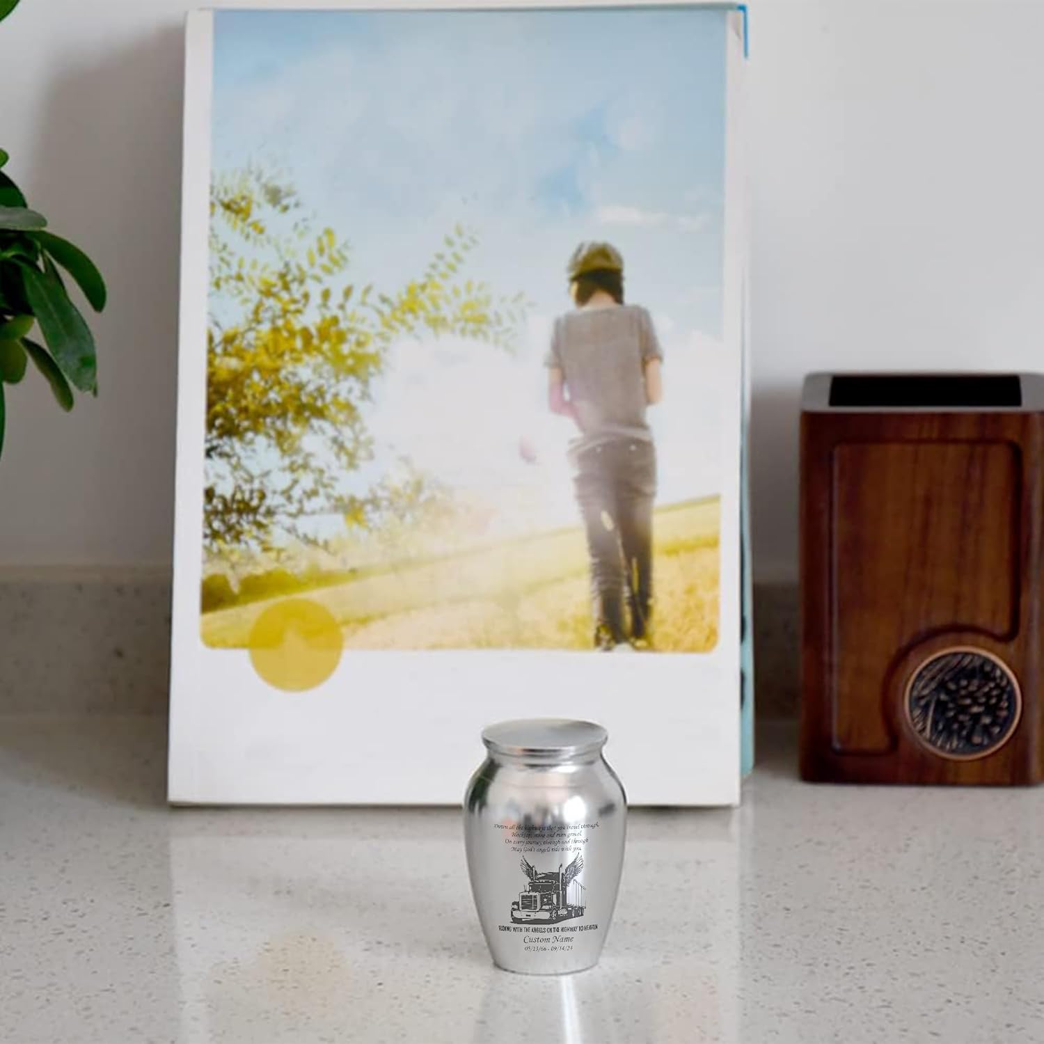Personalized Semi Truck Mini Urn for Ashes Stainless Steel Silver Angel Wings