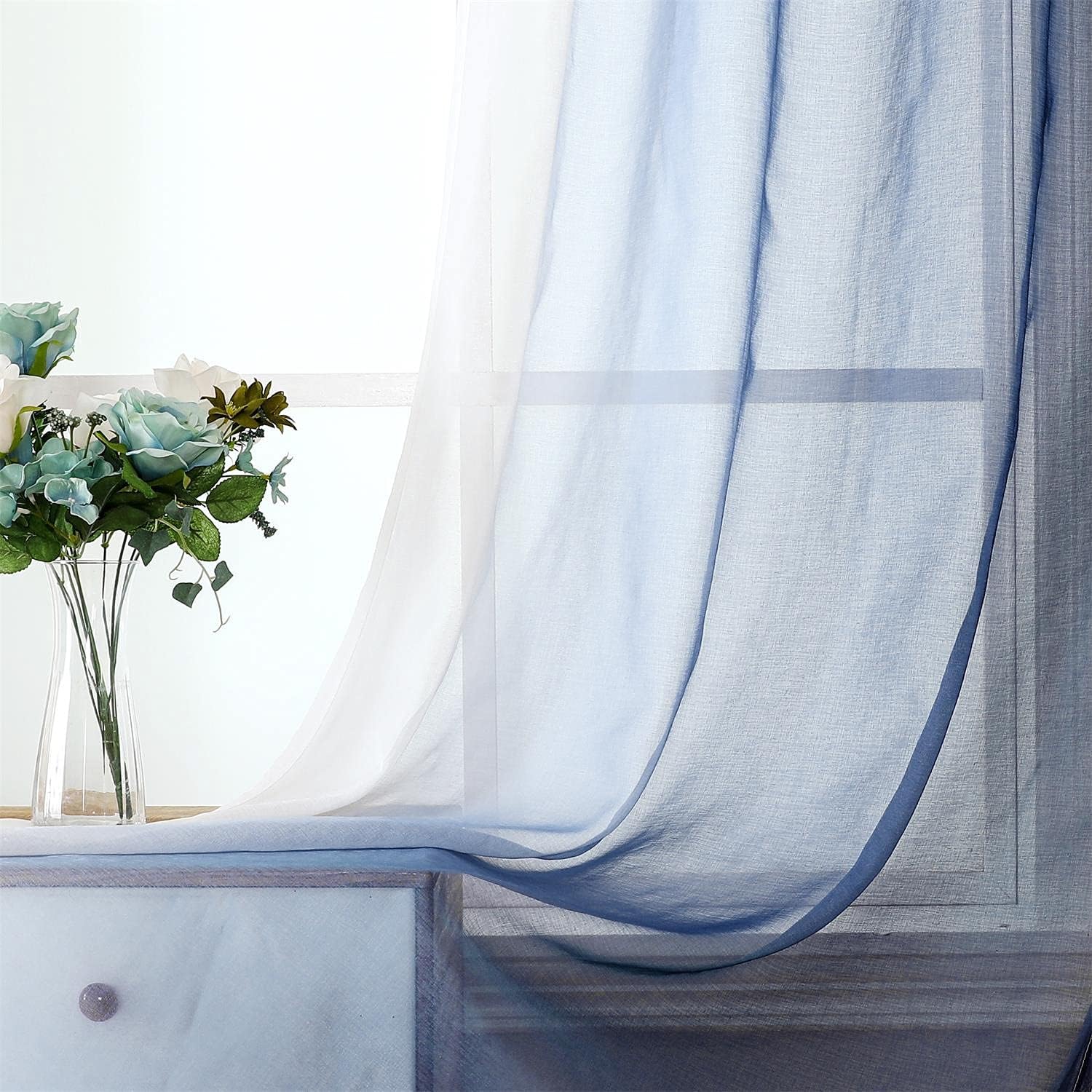 G2000 Ombre Sheer Curtains 84 Inches Navy Blue White 2 Panels