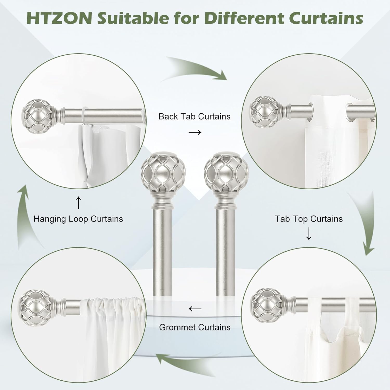 HTZON Antique Silver Decorative Curtain Rod Set 66-120 Inch