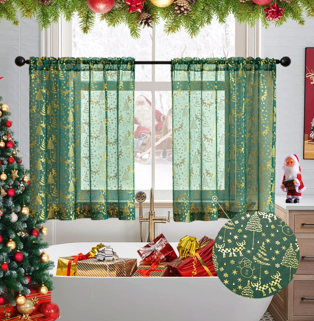 XTMYI Green Cafe Curtains Gold Glitter Window Treatment