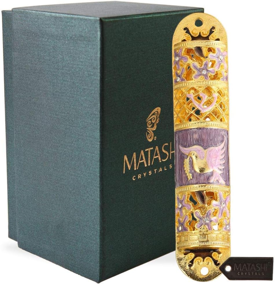 Matashi Hand Painted Enamel Mezuzah with Gold Accents and Flowers