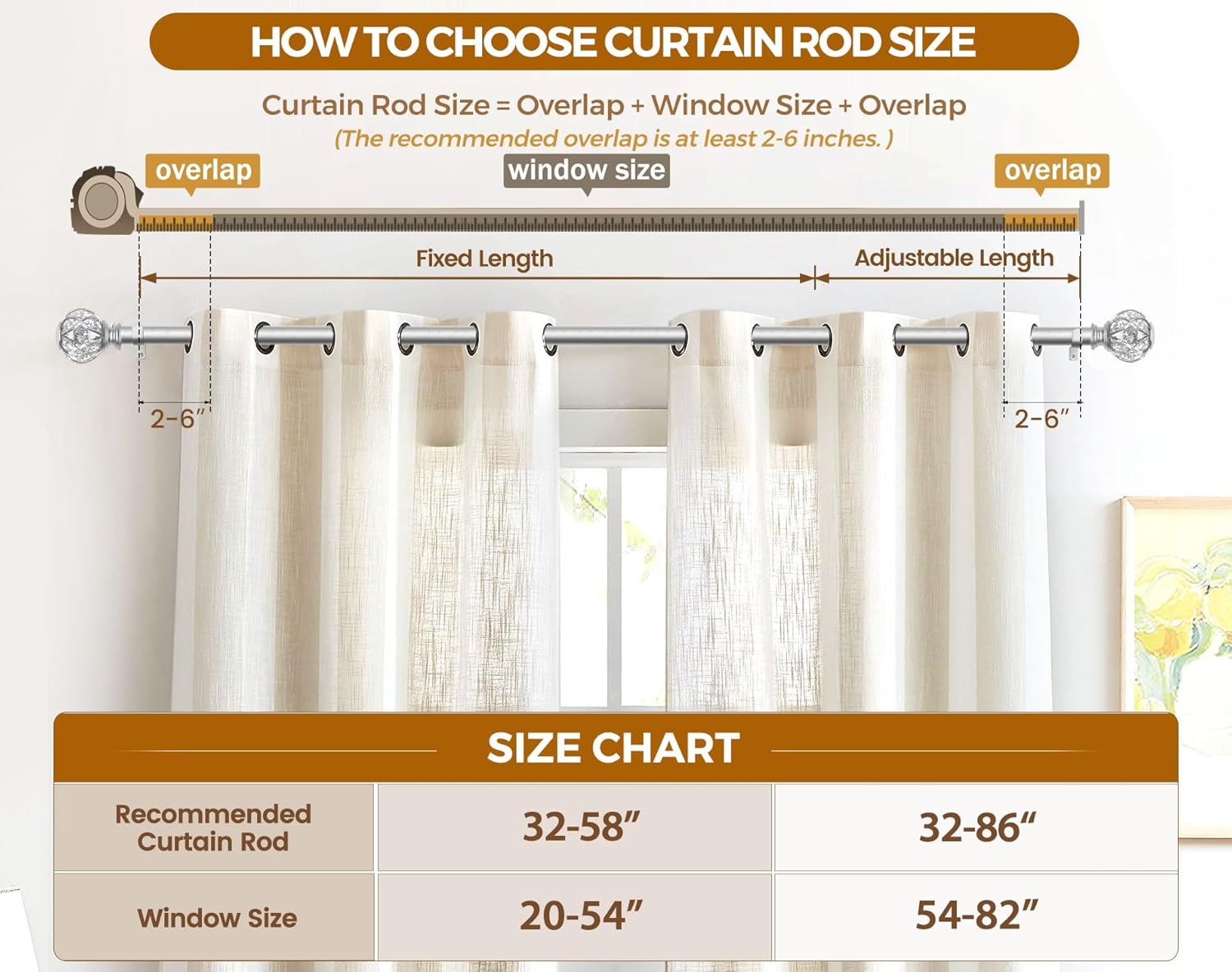 KAMANINA Silver Curtain Rod 32-58 Inch Adjustable Single Rods