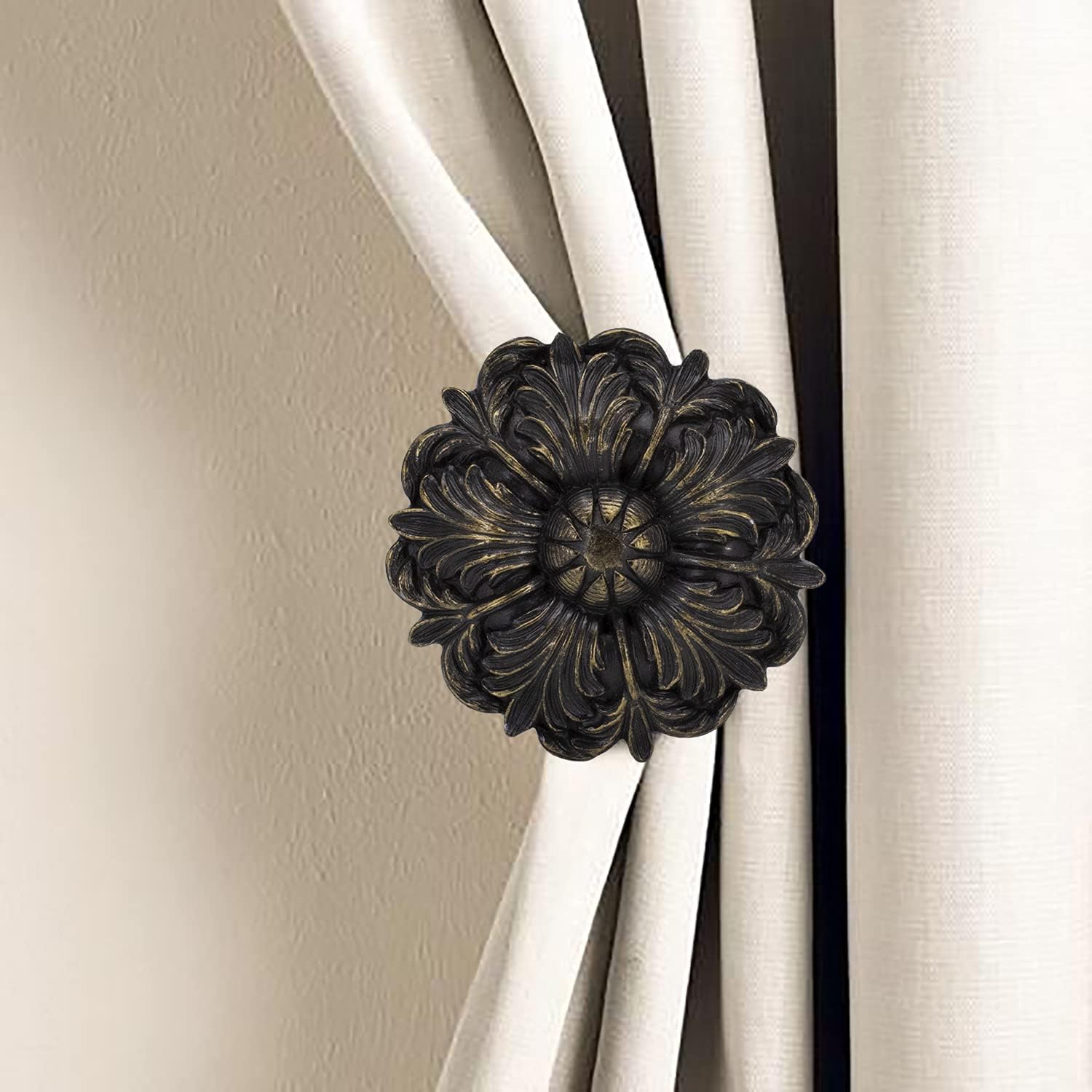 MERIVILLE 2 Pack Fleur Window Drapery Medallion Holdbacks Bronze with Gold