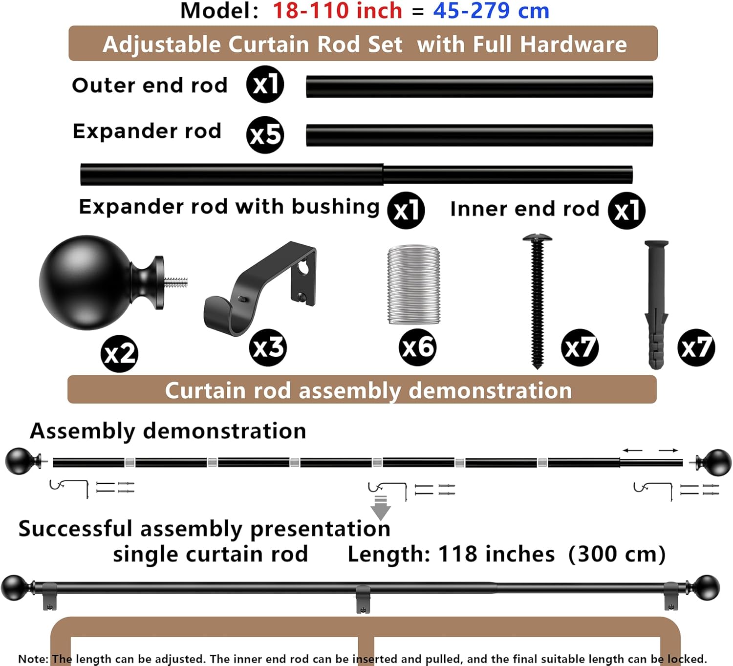 BloomFlower 118 Inch Adjustable Curtain Rods with Black Finials