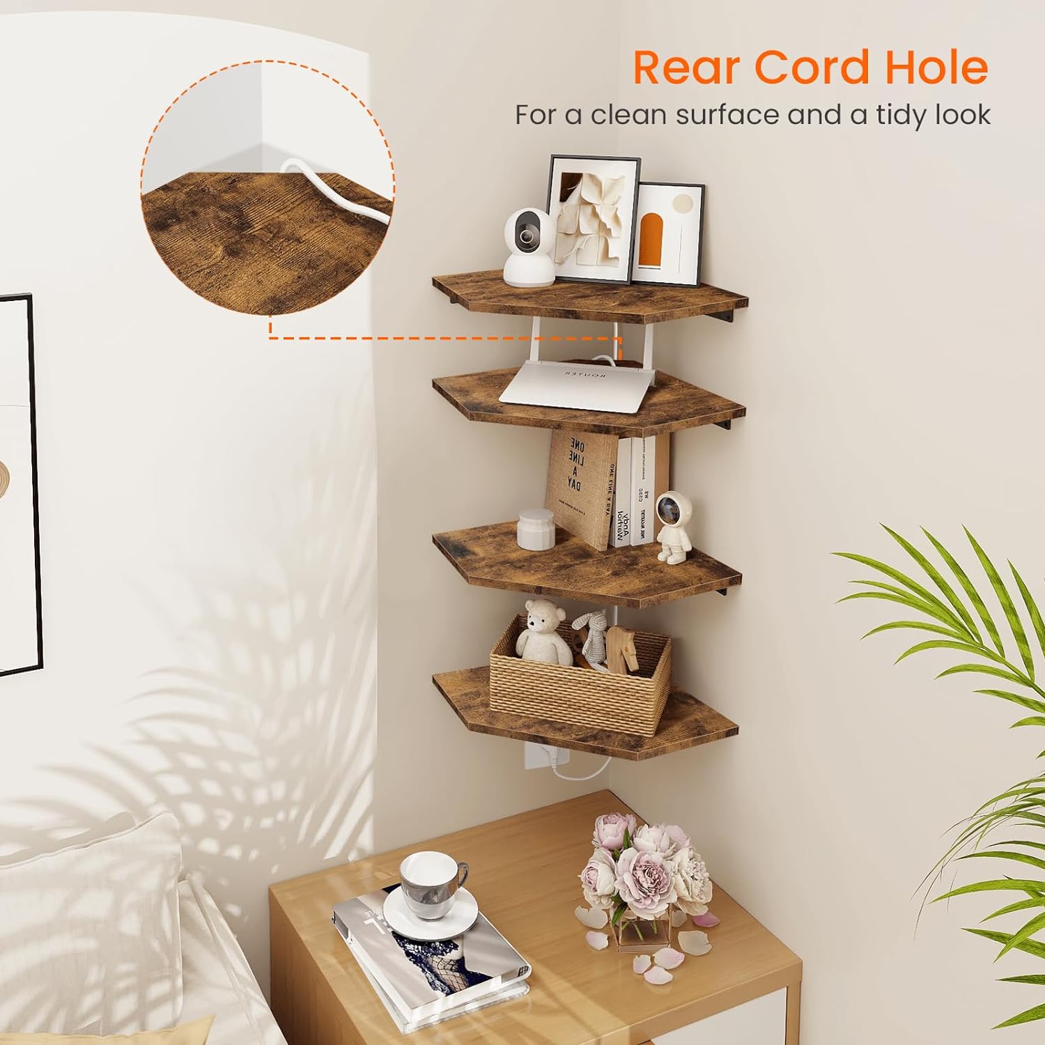 Homode Set of 4 Floating Corner Shelves Rustic Brown