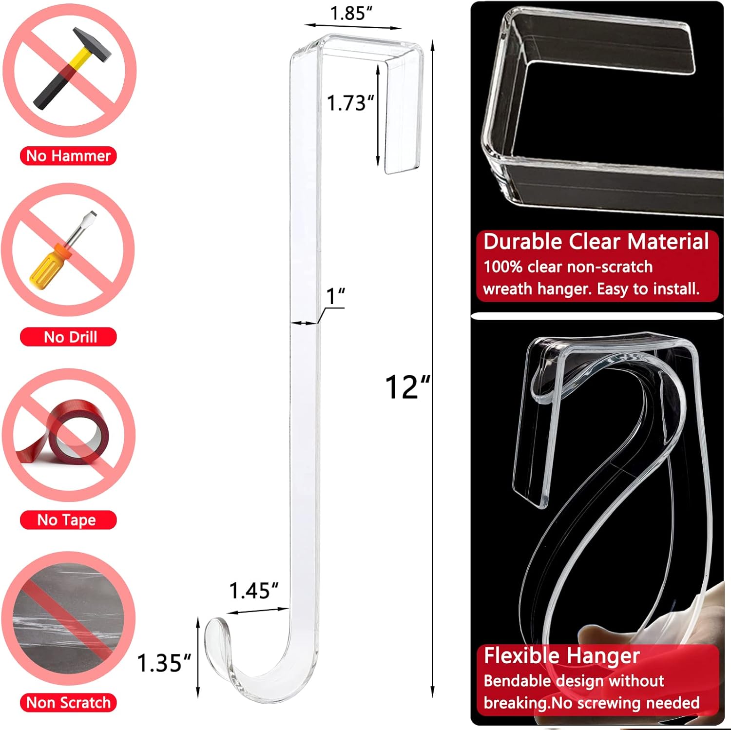 12 Inch Clear Wreath Hangers 2 Pack Front Door Hooks