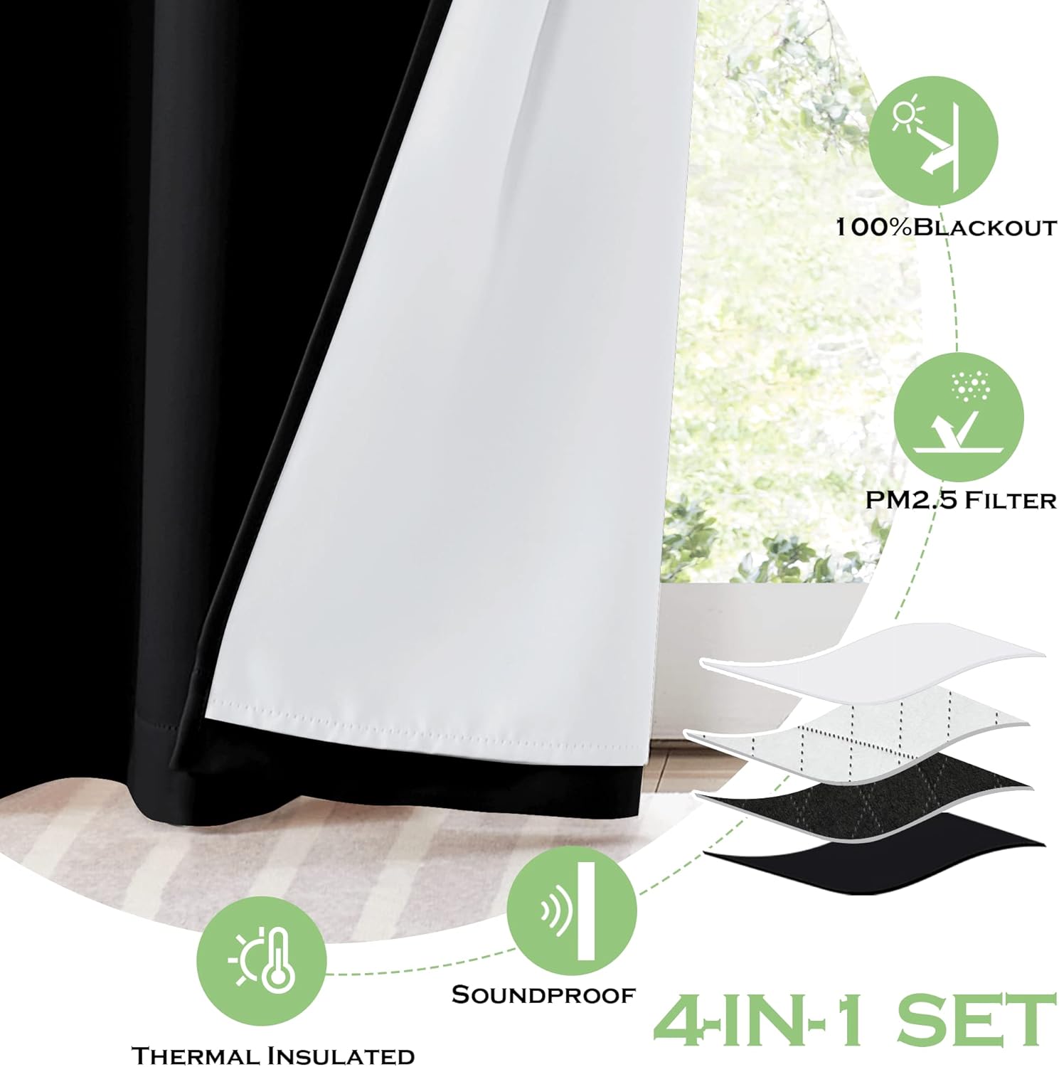 KGORGE 4-in-1 Soundproof Anti Dust Blackout Curtains 2 Panels