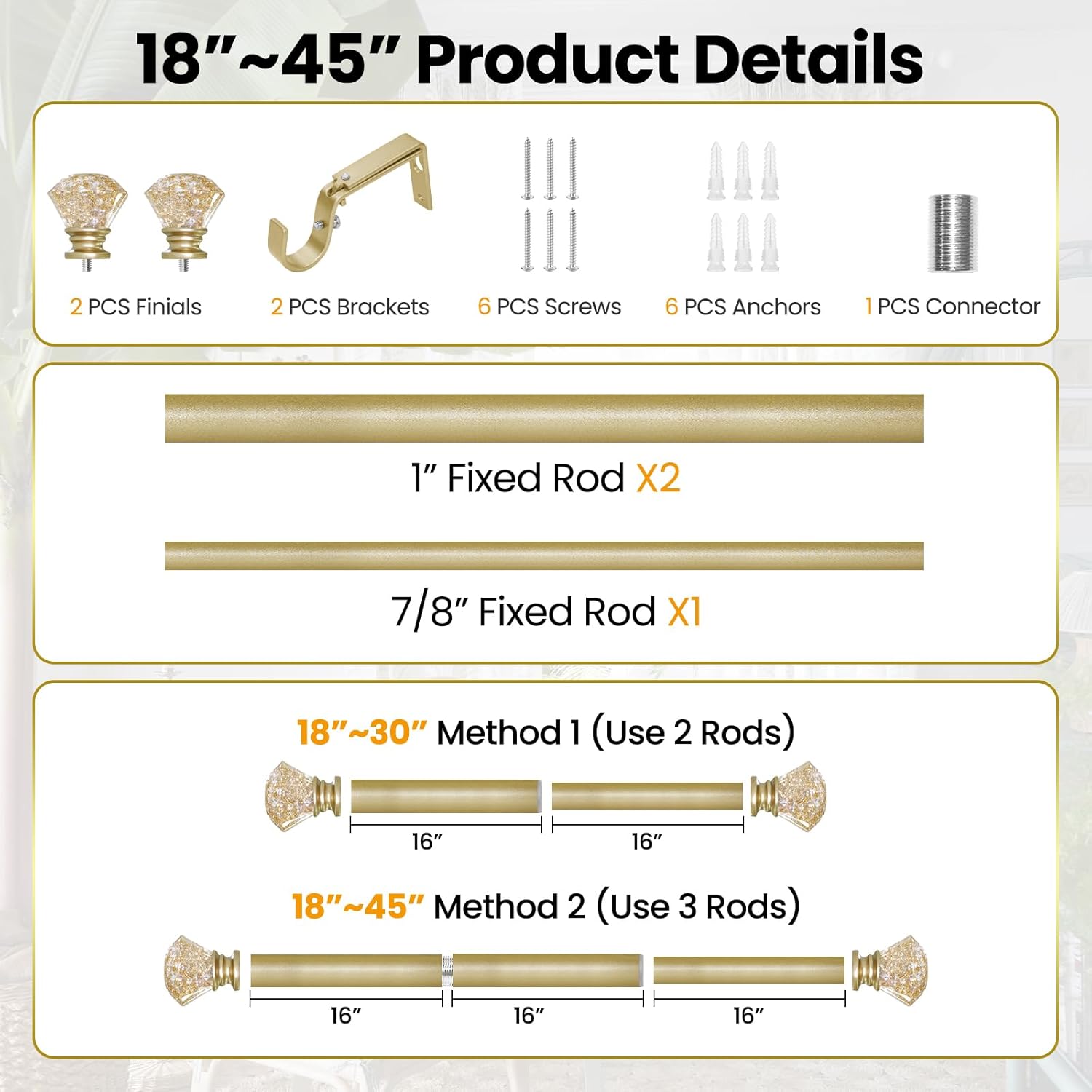 Adjustable Heavy Duty Gold Curtain Rod for Windows