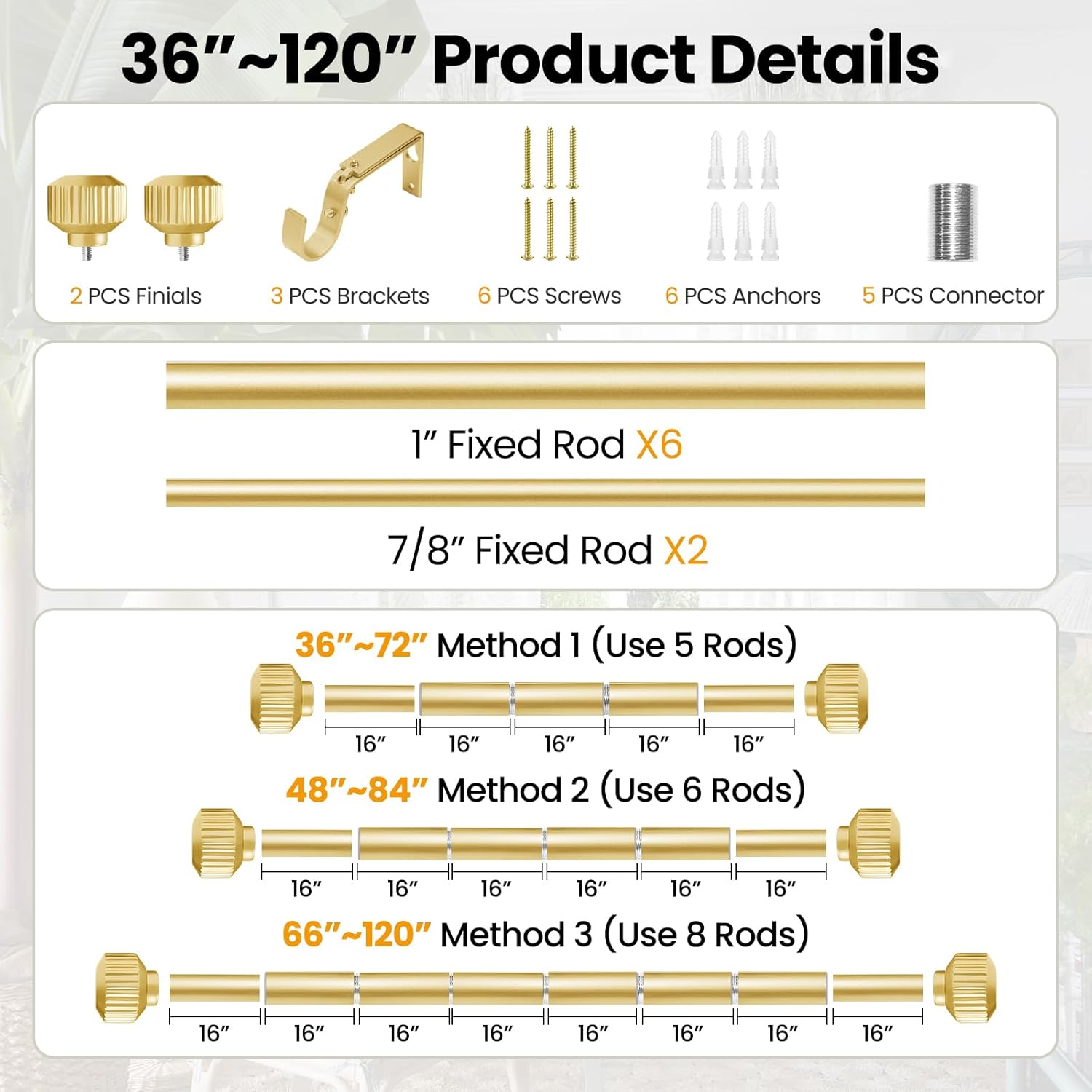 Warm Gold Curtain Rods 66-120 Inch Heavy Duty Adjustable