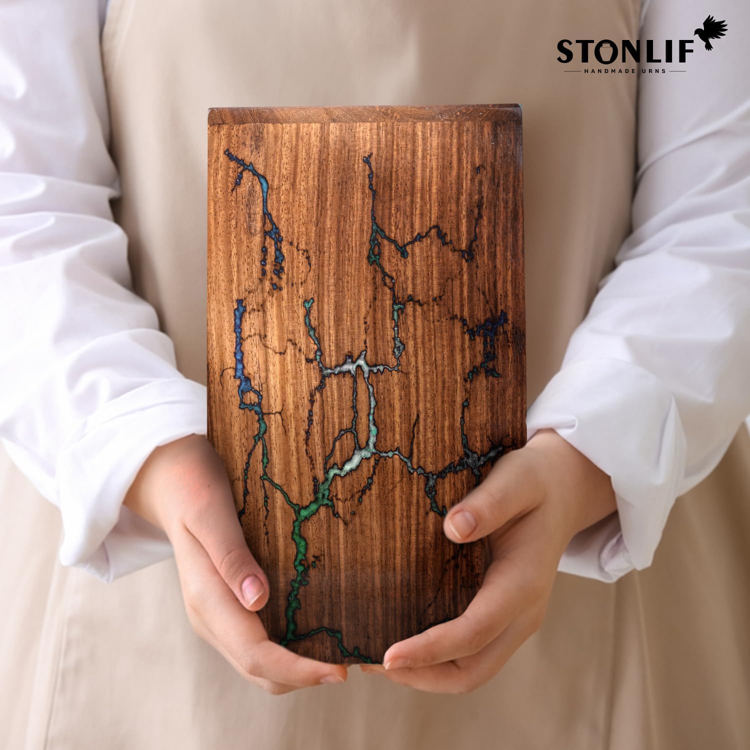Stonlif Wooden Urn for Human Ashes - Thunderstorm Design