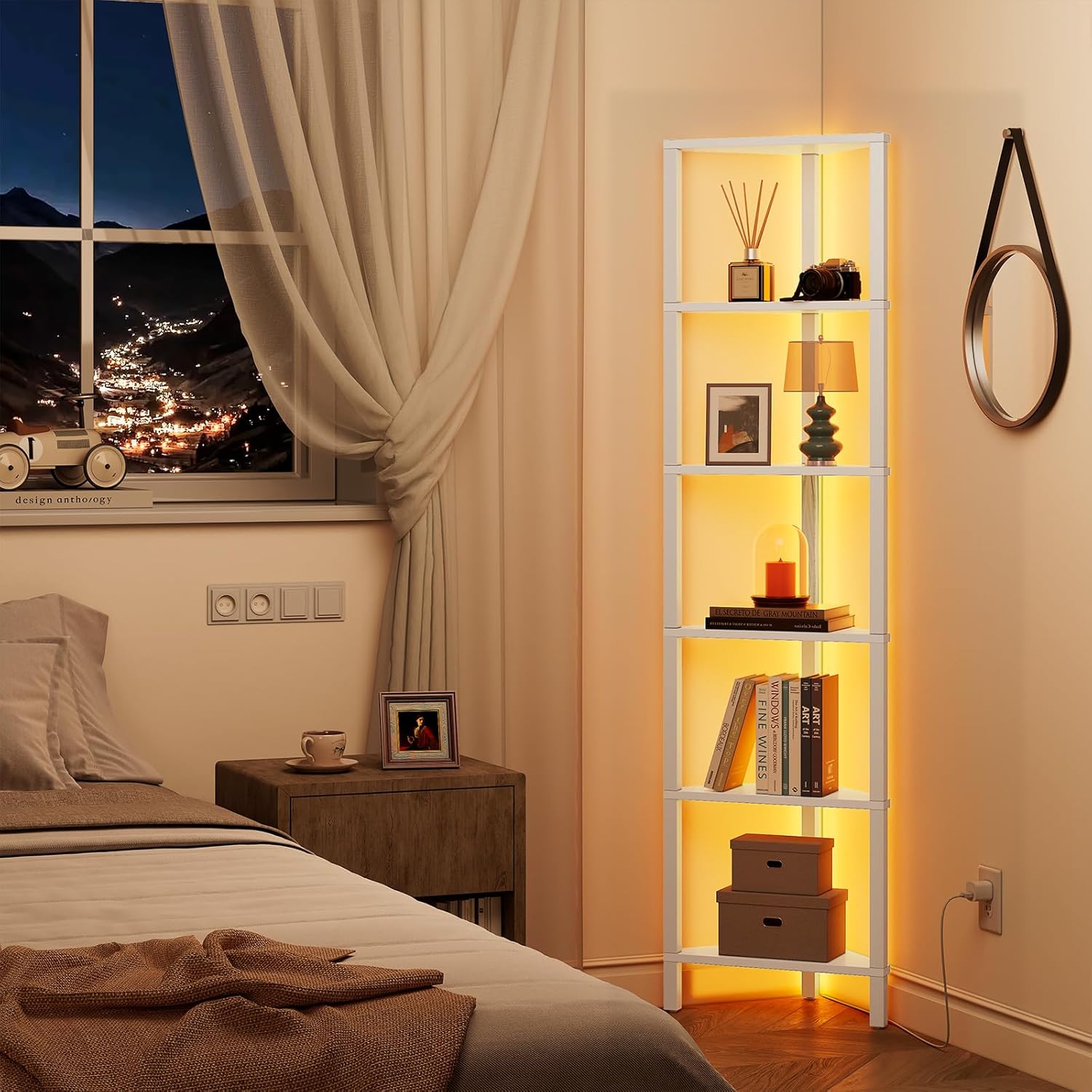 TUTOTAK 6-Tier Corner Bookshelf with LED Light