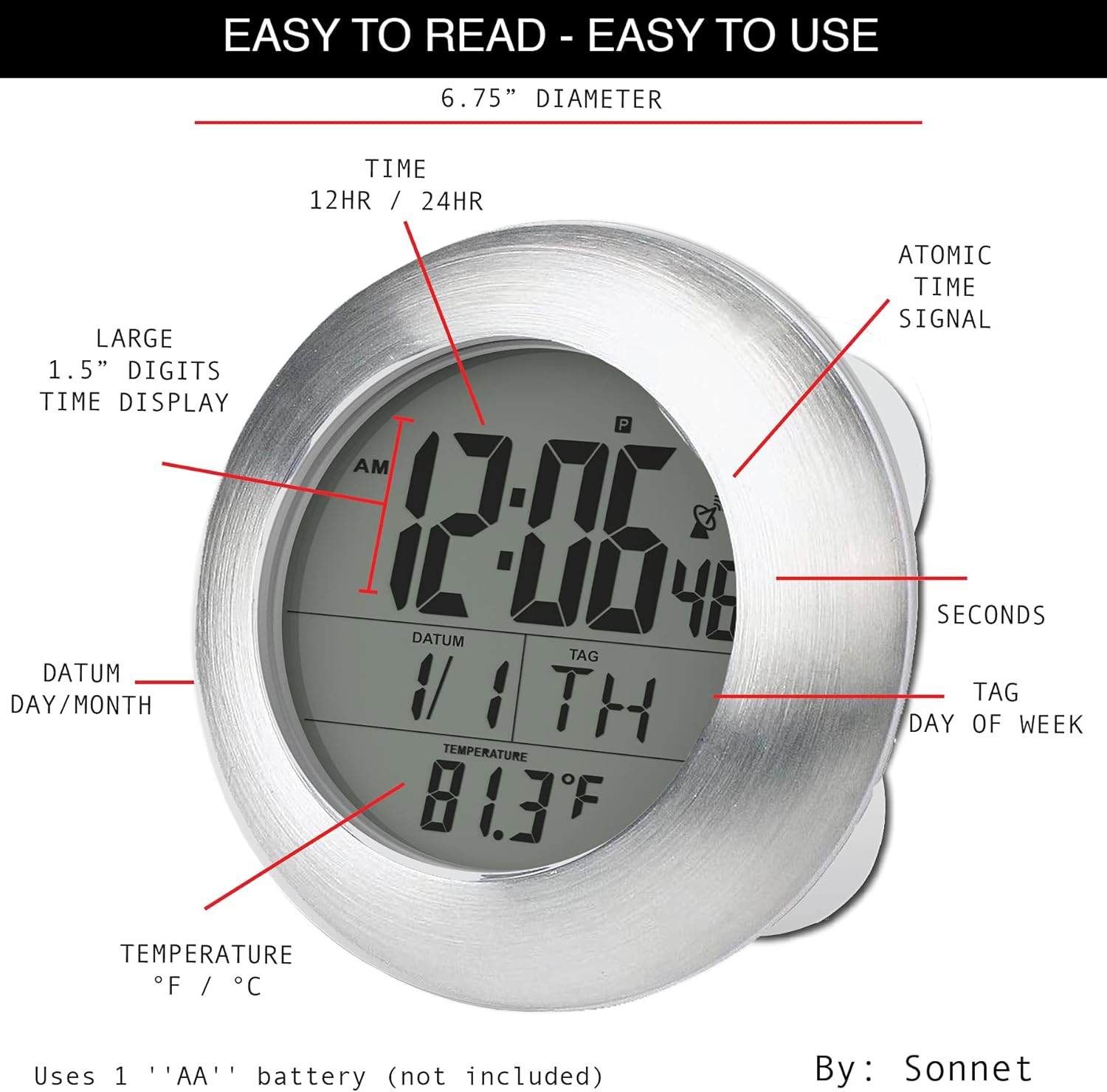 Ken-Tech Sonnet Shower Clock - Digital Time Date Day Temp Display